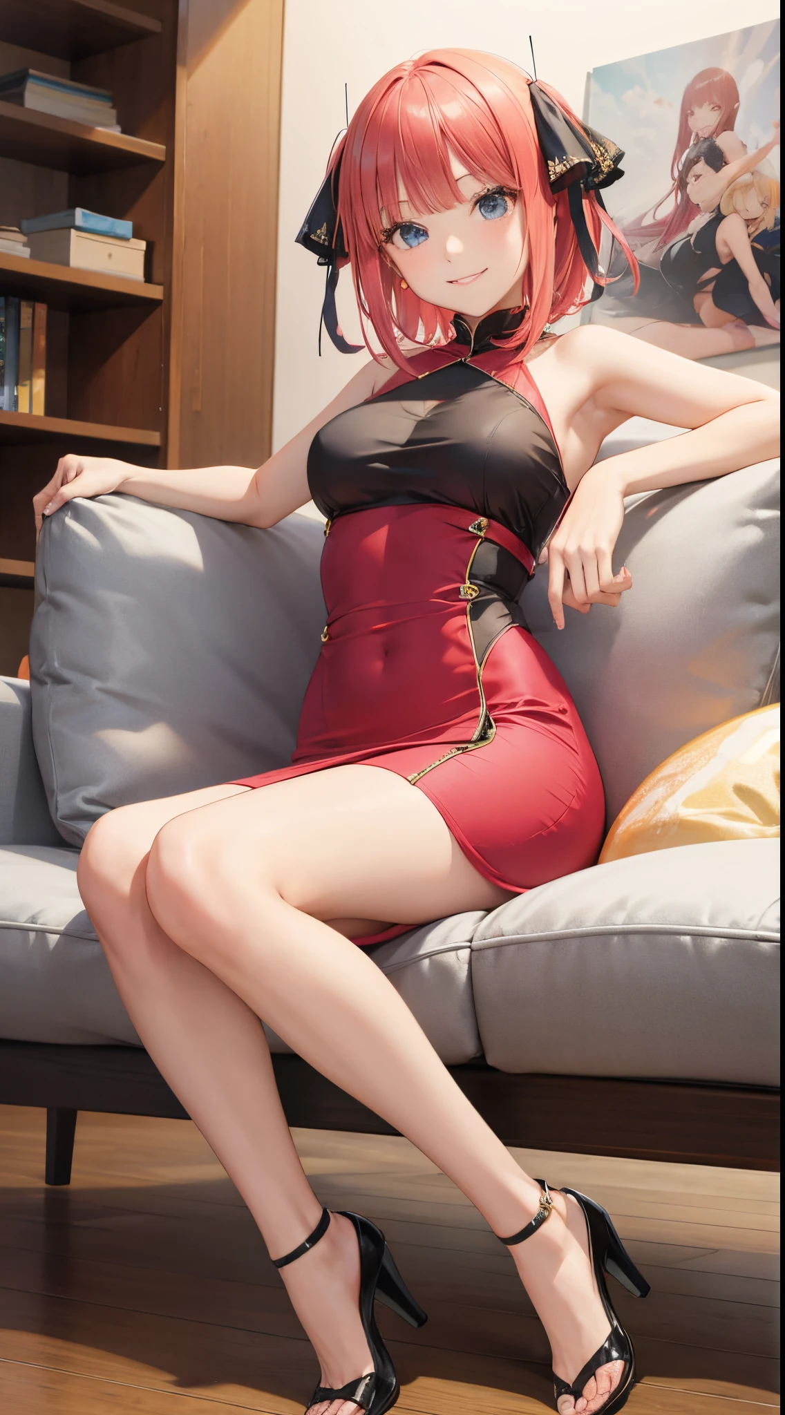 (masutepiece, Best Quality, 1girl in, Solo, Fine detail, chromatic abberation), Realistic, (Medium Breath)), pixie short hair, Sharp eyes, Choker,off shoulder shirt、　long legged、((beauty legs)), pin heels、Open coat, (Symmetrical eyes), (Perfectly symmetrical body), Graffiti, Solid color background, Looking at the viewer, Guvez style artwork, Realistic art style, Woman taking photo in red coat and black shorts