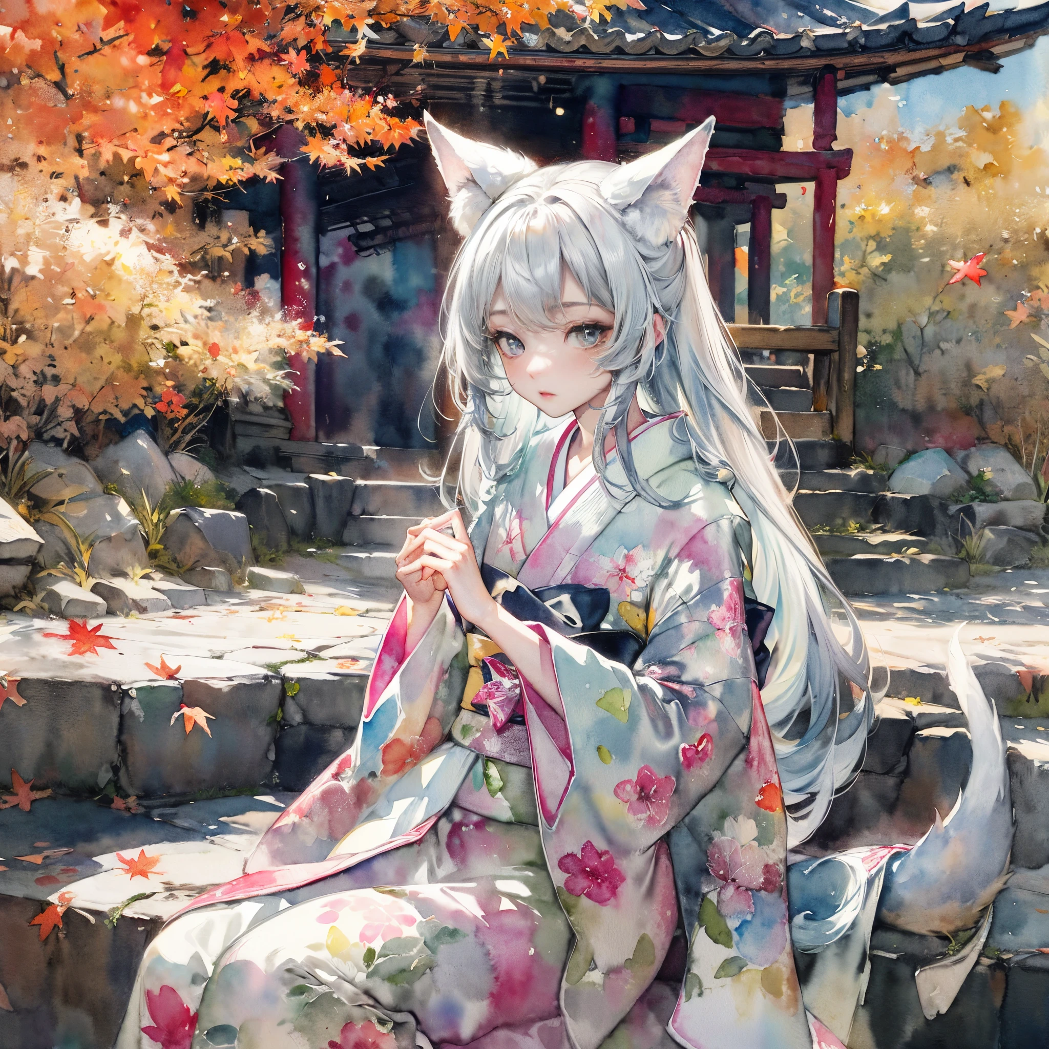 Cinematic lighting,super detailed skin、Beautiful detailed eyes、Best Quality,Perfect Anatomy,(Alternative、dim colors, Soothing tones:1.3),(Detailed beautiful facial features:1.3)(watercolor medium:1.4)Watercolor style、A girl wearing a flashy white kimono、 （Girl Playing Guitar、Highly detailed hands:1.6）The grounds overlooking the Kiyomizu-dera waterfall in autumn、Highly detailed feet、Autumn foliage season、🍁（deep in the night、moon shining、beautiful night:1.5）White fox、fullllbody