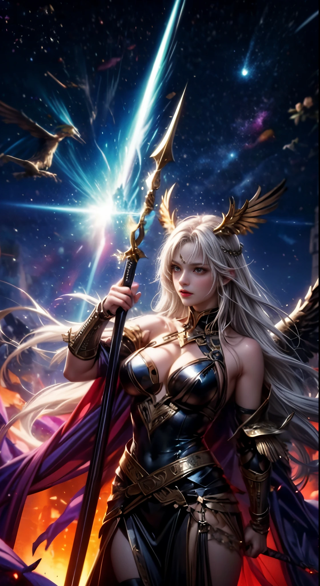 masutepiece、Detailed works、8K、Norse mythology、valkyrie、A MILF、maidennurse、pose of determination、Fight with the sword、Polaris、constellation、prosperity、Meteor、star protection、The world of Norse mythology、Fantasia、Fantastical、Mystical
