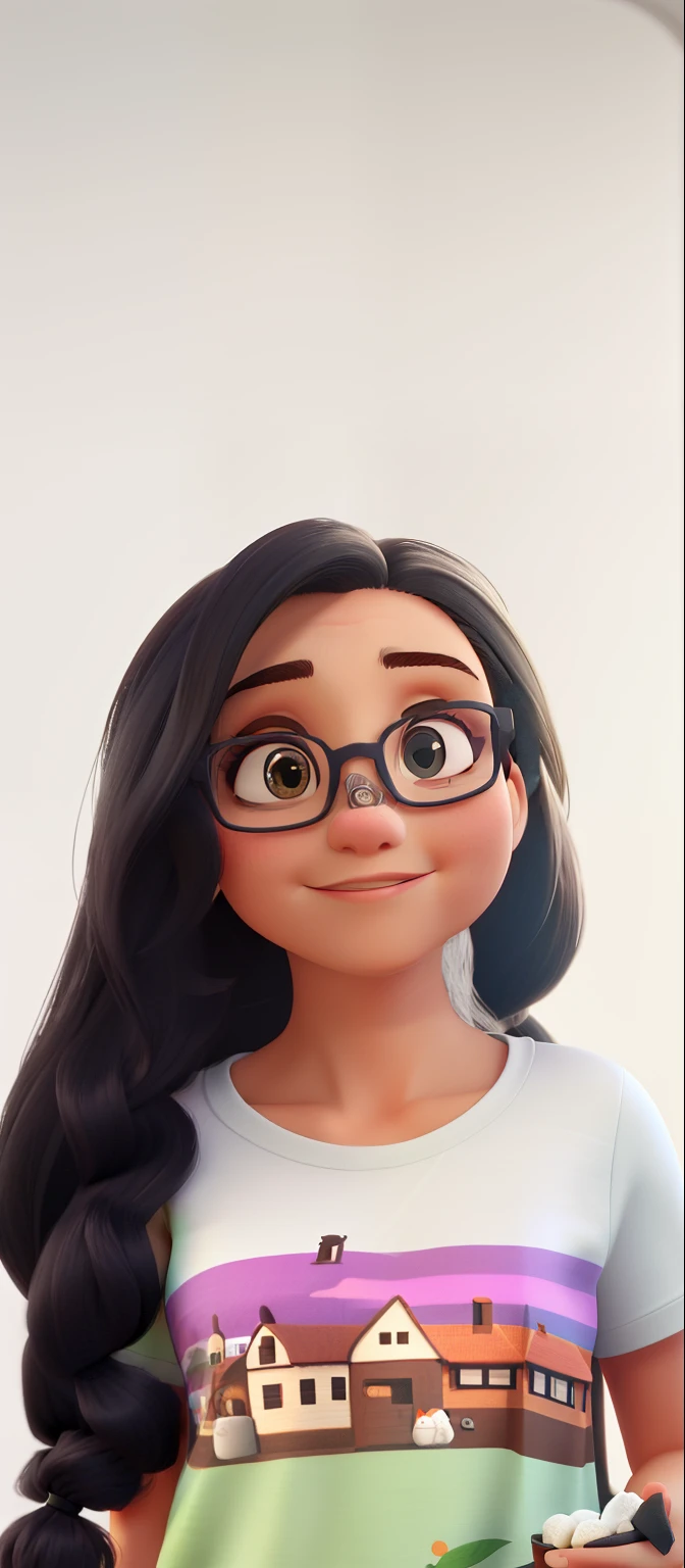 Beautiful woman, 40 anos, cabelo castanho liso, olhos castanhos escuros, glasses, vestindo uma camiseta com um gato desenhado nela