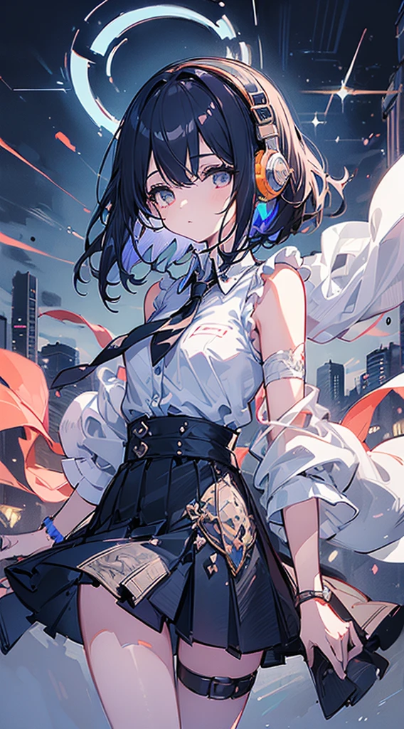 (Top quality illustrations:1.5)、(ultra-detailliert) 、(The background is the cityscape)、(Cute little girl s:1.0)、(女の子1人:1.0)、(Short black hair:1.0)、(School Uniforms:1.0)、(Thigh to upper body:1.0)、17 age、Wearing headphones、D-cups、
