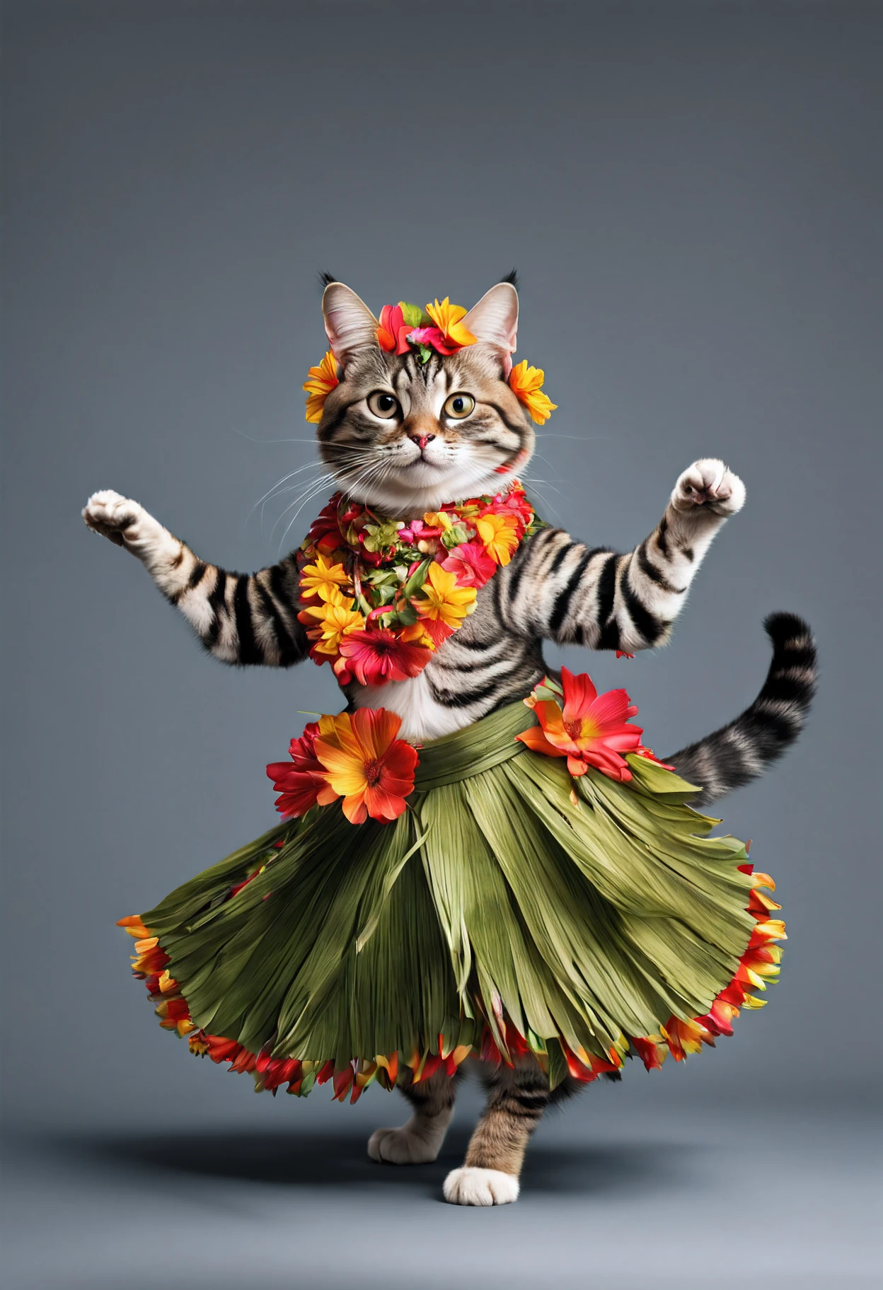 photorealistic portrait of Dressed animals - a cat hula dancer,(dancing), high quality, intricate details highly detailed hula costume ,flower lay, studio lighting,(full body image:1.5)