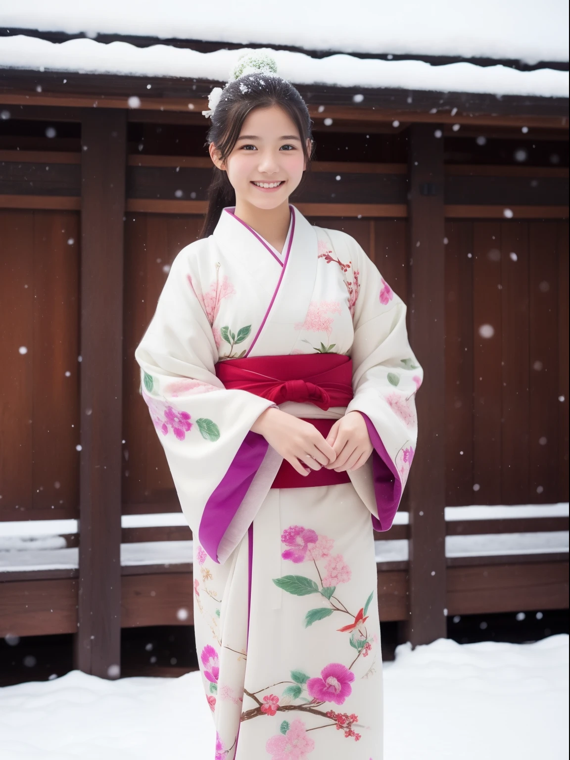 one beautiful women、sixteen years old 、FULL BODYSHOT、Japan kimono、A smile、snowscape