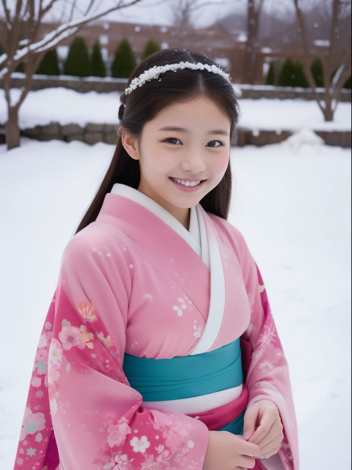 one beautiful women、sixteen years old 、FULL BODYSHOT、Japan kimono、A smile、snowscape