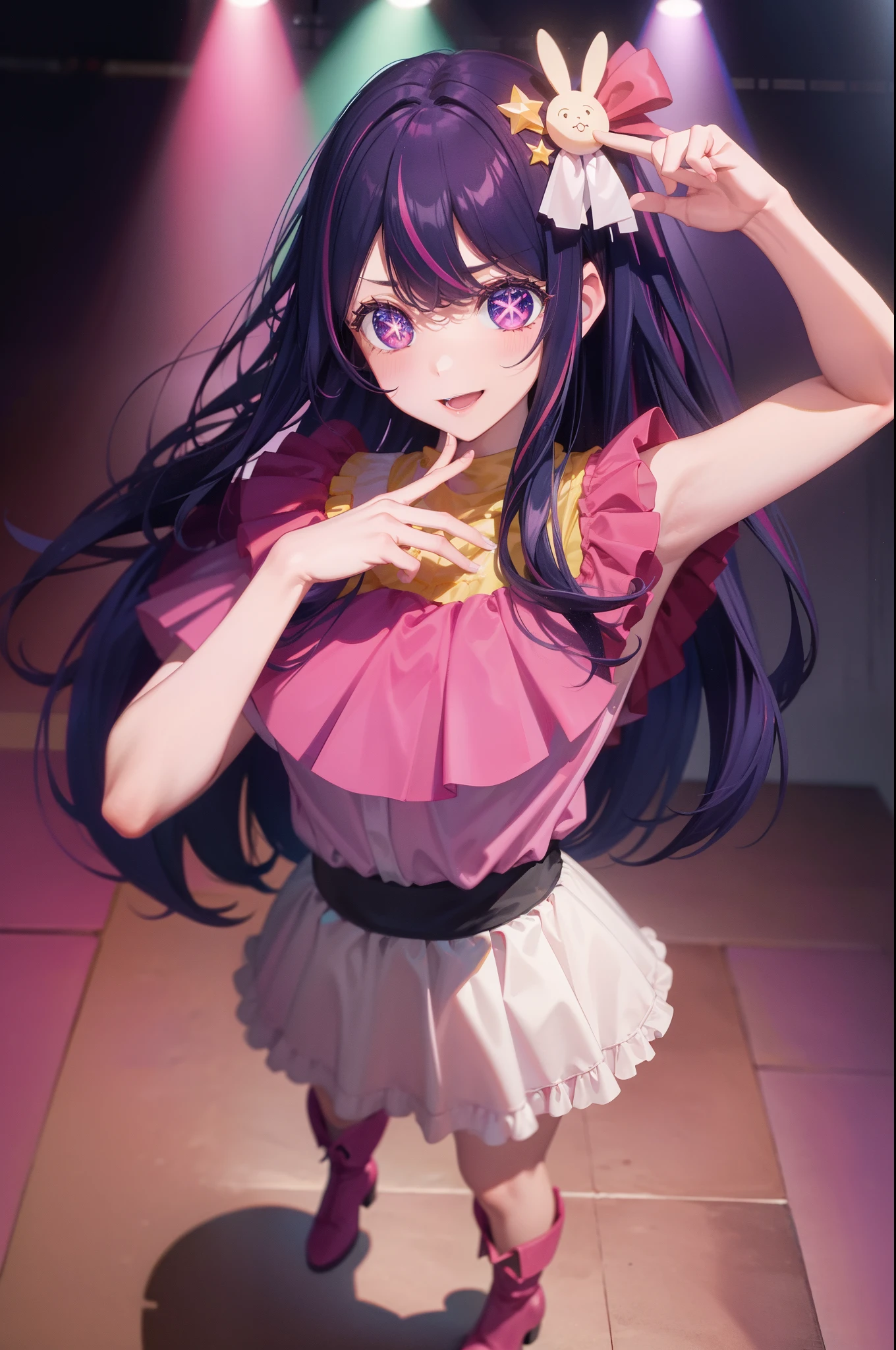 (masterpiece), highest quality, Expressive eyes, Perfect Face, High resolution, (8k), (Perfect Face), (Super detailed), Hoshino Ai, Long Hair, Purple Hair, Striped Hair ,Purple eyes, Star-shaped pupils, hair ornaments, Frills, pink shirt, smile, No sleeve, shirt, Idol, illumination, Colorful, Concert atmosphere, Are standing, Portraiture, Stage Background, Pause, Looking at the audience, whole body、Panty shot、Bra flashing、