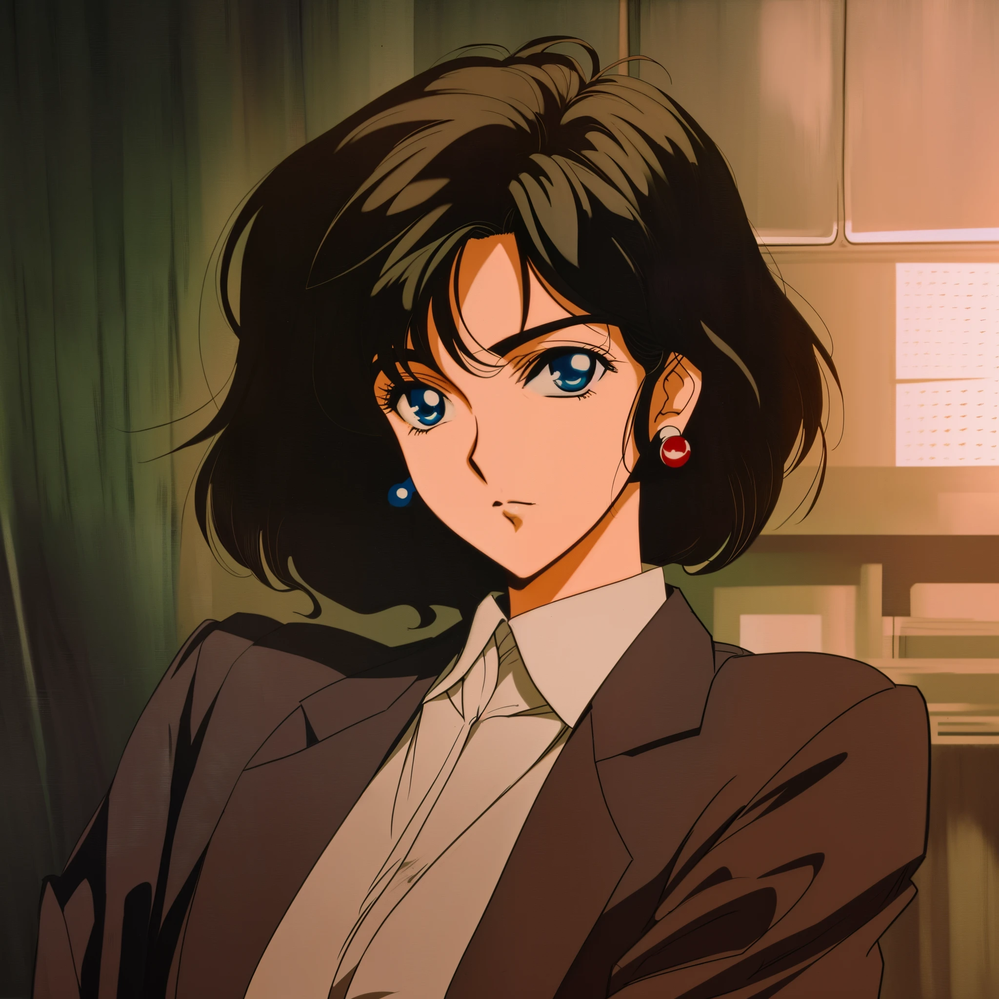 Anime image of a woman wearing a suit and tie, Sitting in a chair, in the art style of 8 0 s anime, 8 0 s anime art style, 1980's anime style, Fubuki, retro anime girl, 9 0 s anime art style, lofi portrait, anime style 8 0 seconds, retro anime images, like photo