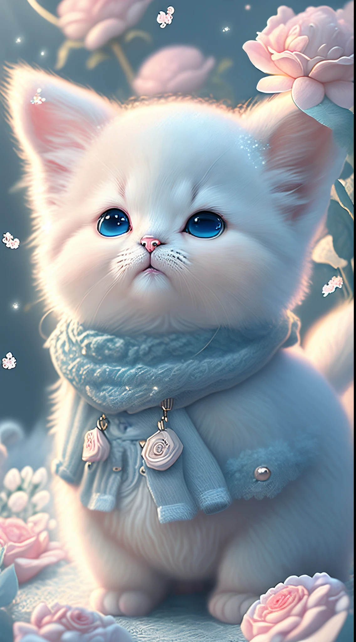In this ultra-detailed CG art, cute kittens surrounded by ethereal roses, laughter, best quality, high resolution, intricate details, fantasy, cute animals, open mouths, laugh!!