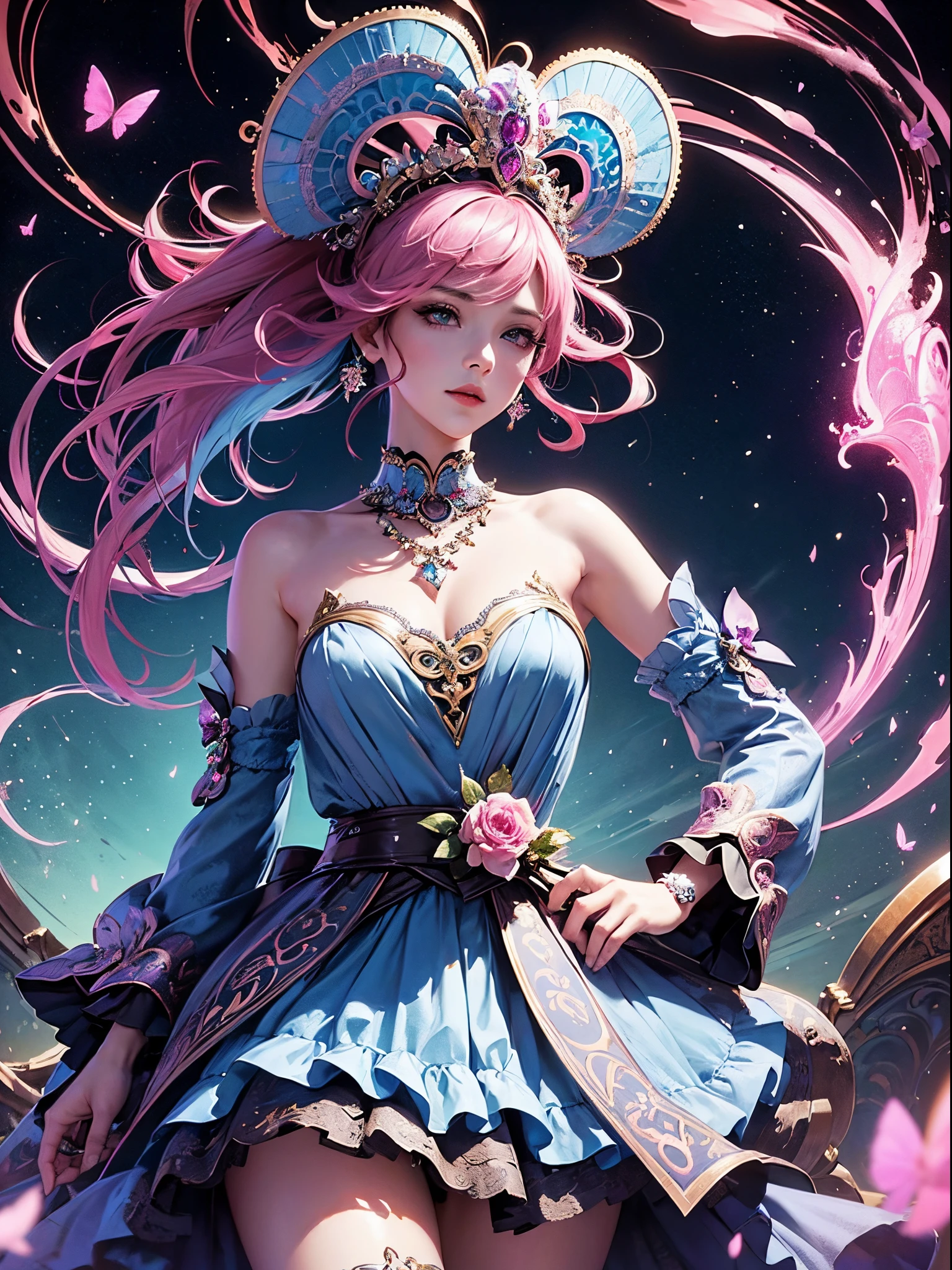 Tattoo futuristic Latin fairy, full body length standing of a photorealistic beautiful woman, character sheets, proportionate, intense coloration fantasy, Light hair, a stunning realistic photograph 20 years , bubblegum pink colored hair, upper class fashion, greene eyes, full bodyesbian, cover, The dress design has a fractal elf dust and tiling feature, Hyperdetailed painting, Luminism, rendering by octane, Bar lighting, complex, {{Martin Ansin}}, 8k resolution concept art portrait by Martina Fačková and Prywinko Art, Art germ, Phlegm sputum, phlegm, Alphonse Mucha, little fusion pojatti realistic steampunk, fractal isometrics details bioluminescens : hypereallistic cover photo awesome full color, handpainted, Dark, grittiness, Realistic Mucha, Klimt, davinci, erte .12K, Intricate. hit definition , Cinematic,Rough sketch, the mix of bold dark lines and loose lines, Bold lines, On paper , human beings in real life, Bold colors on dresses,