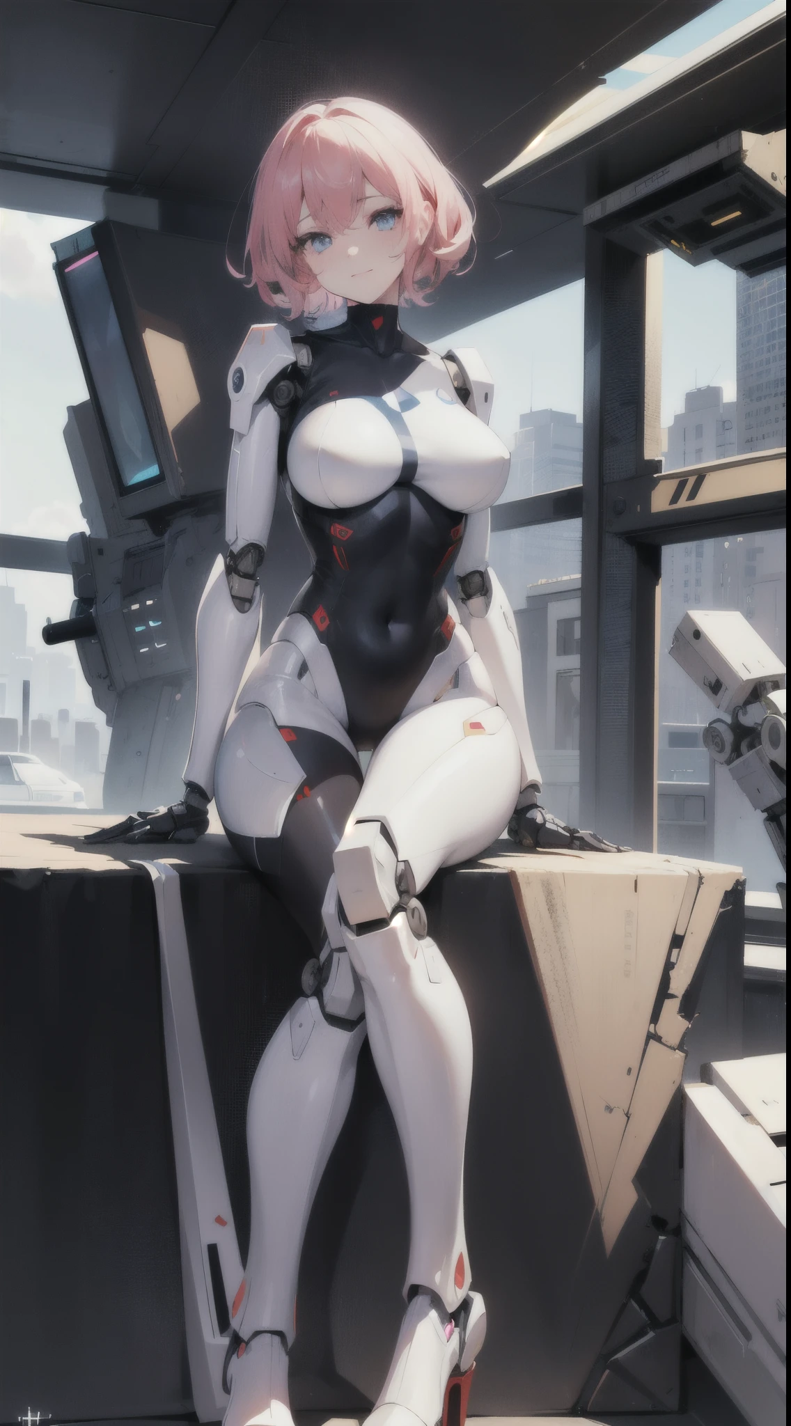 ,(best quality, masterpiece:1.2), 8K, HDR, (cinematic composition:1.3), ultra highres, absurdres:1.2, , (vibrant color:1.2), cinematic lighting, ambient lighting, sidelighting, Exquisite details and textures, masterpiece, best quality, ultra-detailed, {cinematic lighting}, {beautiful and detailed eyes}, {normal limbs and fingers}, Detailed face, Detailed eyes, realhands, perfect body, hips up, 1girl, beautiful face, pale skin, (robotic body:1.3), full body, sitting, robotic legs, robotics arms, robotic body, robotic hands, robotic, mechanical, armored, sitting, expressionless face, damaged robotic body, white_robot, , mecha, bodycon, pink hair, short curly hair, purple eyes, (face freckles:1.1), huge breasts, light smile, skinny, narrow waist, racetrack