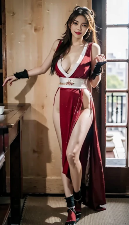 mai shiranui, Brown eyes, The whole body is reflected,Toes are visible, Standing, Full body, Prestige, Long hair, Brown hair, White ribbon, Sleeveless, poneyTail, sash, pelvis curtain, arm guards, mitts, tabi, fascinated expression, Sexy eyes, medium breasts, Smile, Cute, view the viewer, Long hair, Close to Japan temple, (breasts focus:1.2), (Realistic:1.2), (Full Shot: 1.2), (Realism), (masutepiece:1.2), (Best Quality), (ultra-detailliert), (8K, 4K, Convoluted), (85 mm), light Particle, Lighting, (Highly detailed:1.2), (Detailed face:1.2), (gradients), SFV, Colorful, (Detailed eyes:1.2), (Detailed temples of Japan: 1.2),(Detailed background), (Dynamic Angle:1.2), (Dynamic Pose:1.2), (Line of action:1.2), Wide Shot, Daylight, Solo.