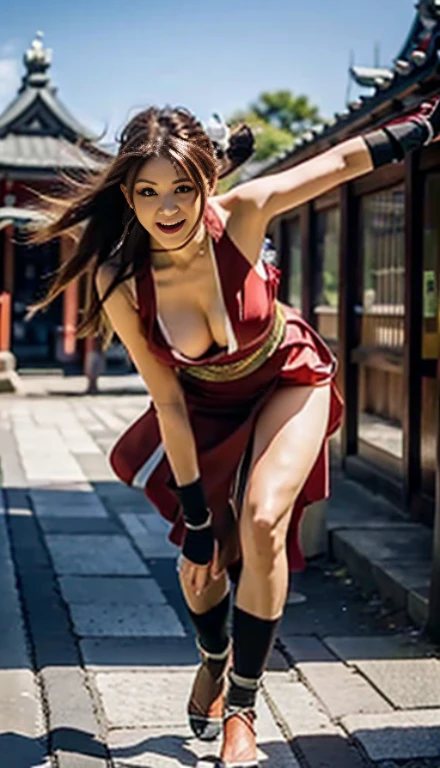 mai shiranui, Brown eyes, The whole body is reflected,Toes are visible, Standing, Full body, Prestige, Long hair, Brown hair, White ribbon, Sleeveless, poneyTail, sash, pelvis curtain, arm guards, mitts, tabi, fascinated expression, Sexy eyes, medium breasts, Smile, Cute, view the viewer, Long hair, Close to Japan temple, (breasts focus:1.2), (Realistic:1.2), (Full Shot: 1.2), (Realism), (masutepiece:1.2), (Best Quality), (ultra-detailliert), (8K, 4K, Convoluted), (85 mm), light Particle, Lighting, (Highly detailed:1.2), (Detailed face:1.2), (gradients), SFV, Colorful, (Detailed eyes:1.2), (Detailed temples of Japan: 1.2),(Detailed background), (Dynamic Angle:1.2), (Dynamic Pose:1.2), (Line of action:1.2), Wide Shot, Daylight, Solo.