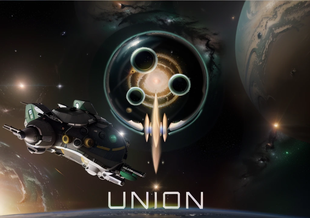 (Ultra-detailed,(Realistic,Photorealistic,photo-realistic:1.37),small planets,constellations of planets, close-up of a spaceship with a green light on it, unholy alliance, space civilization, background Star Nebula, black hole,