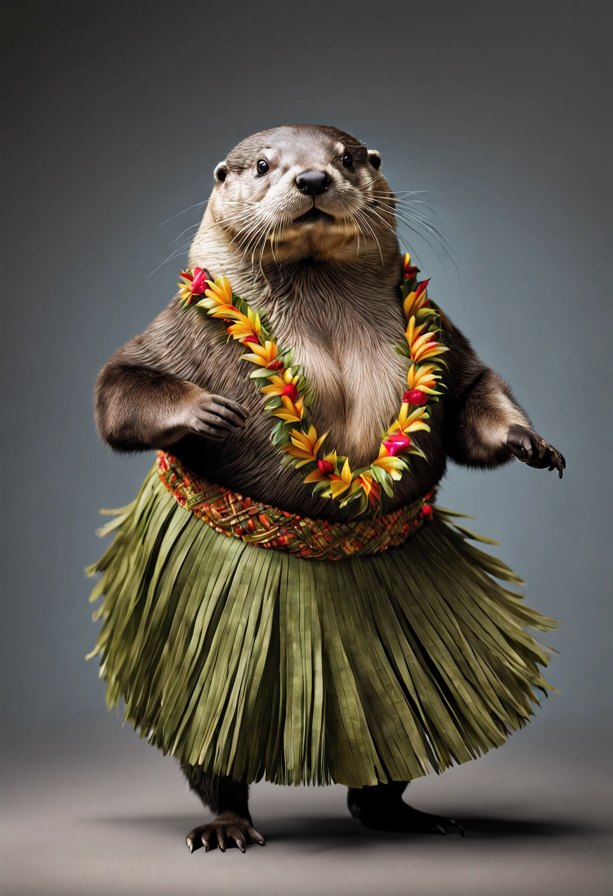 photorealistic portrait of Dressed animals - a fat otter hula dancer,(dancing), high quality, intricate details highly detailed hula costume , studio lighting,(full body image:1.5)