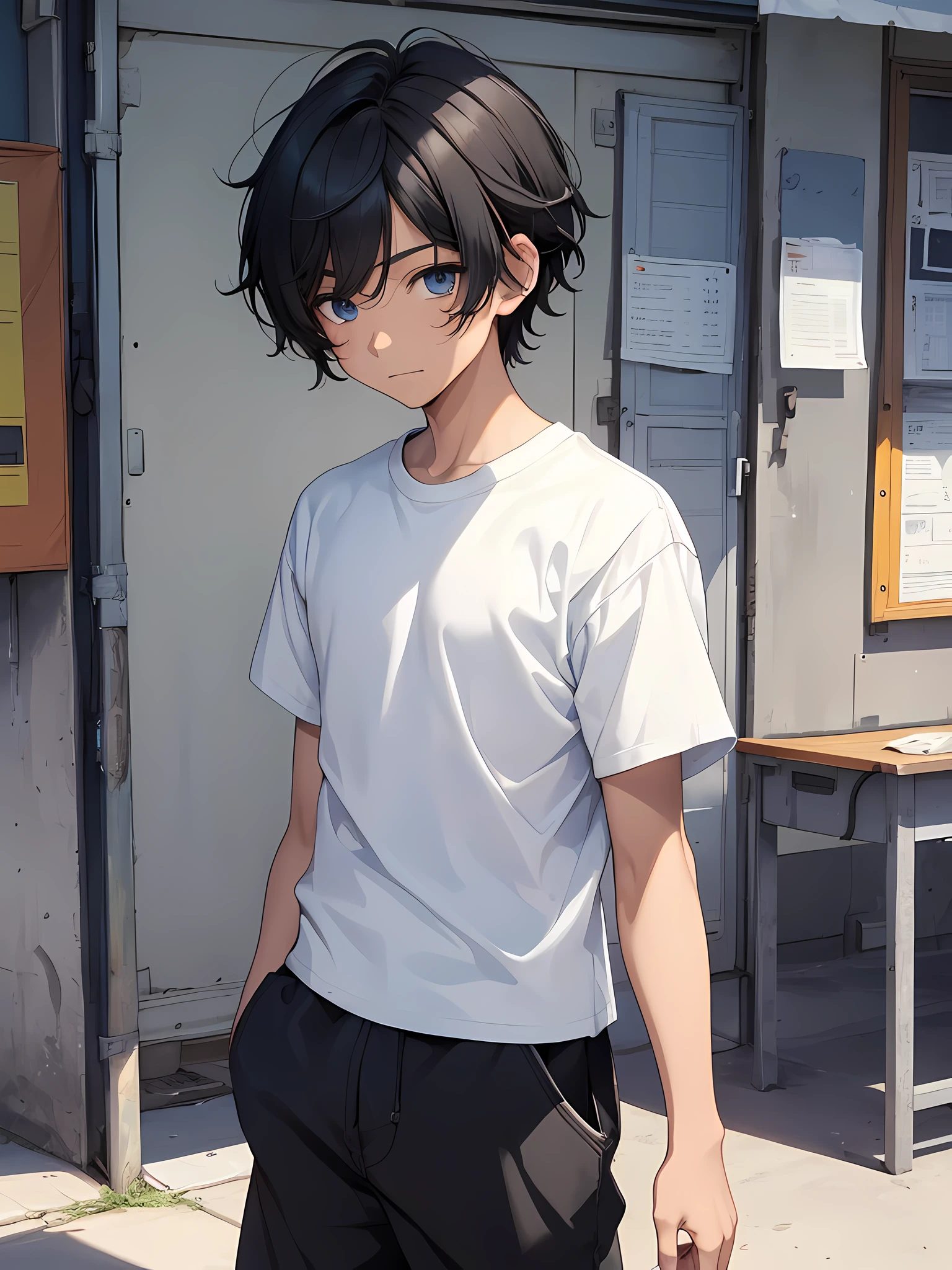 1boy, young male, , black hair, happy, solo, detailed eyes, clear eyes, quality eyes, masterpiece, (UntuckedShirt:1.2), UntuckedShirt, student, White t-shirt, short sleeves, long black pants, wearing blue lanyard, standing, park, school, anime, line art anime