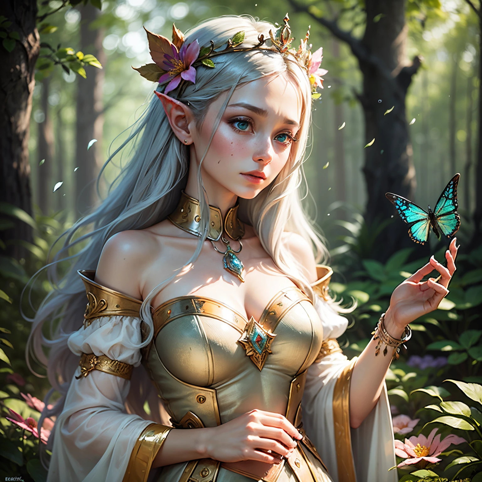 a flower tiara,rpg game icon,detailed 3D rendering,best quality,ultra-realistic,vibrant colors,bright sunlight,floral crown,long flowing hair,sparkling gemstones,delicate petals,enchanted forest,soft bokeh,lush greenery,fantasy themed,heroic stance,epic adventure,playful expression,mesmerizing details,majestic aura,exquisite craftsmanship,highres masterpiece,goddess-like beauty,elven queen presence,ethereal atmosphere,surreal ambiance,serene tranquility,fairytale inspired composition,eye-catching design,storybook magic,whimsical charm --auto --s2