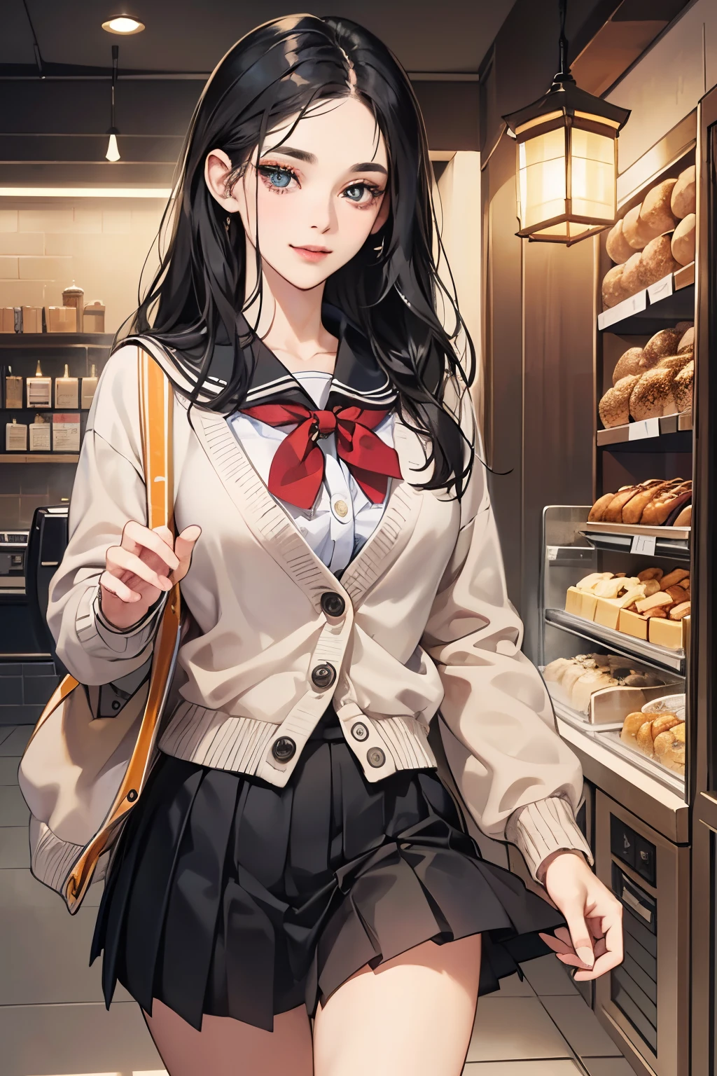 (masutepiece, Digital Art, Digital Illustration, 4K, 8K, Ultra-detailed, beautiful image, Sharp Image, Photorealistic, Raw photo, Perfect face, Perfect lines, Perfect eyes, Soft lighting) 1 woman, (Long Black Hair,straight haired,Bullish gaze,Beautie,Solid makeup,femele,small ????:1.3),Two handsome men in suits, (ember,Men in suits,well-muscled,Firm shoulder width,Adult male,Boyish hairstyle,English gentlemanly style,Man in his 30s with a cool expression,28-year-old man with bright smile:1.2),Donut Shop、donut、Eat-in、There are many donuts lined up、a sailor suit、Knee-length pleated skirt、baggy cardigan、kiss、a couple、couple kissing、Romance、ssex、have ???、