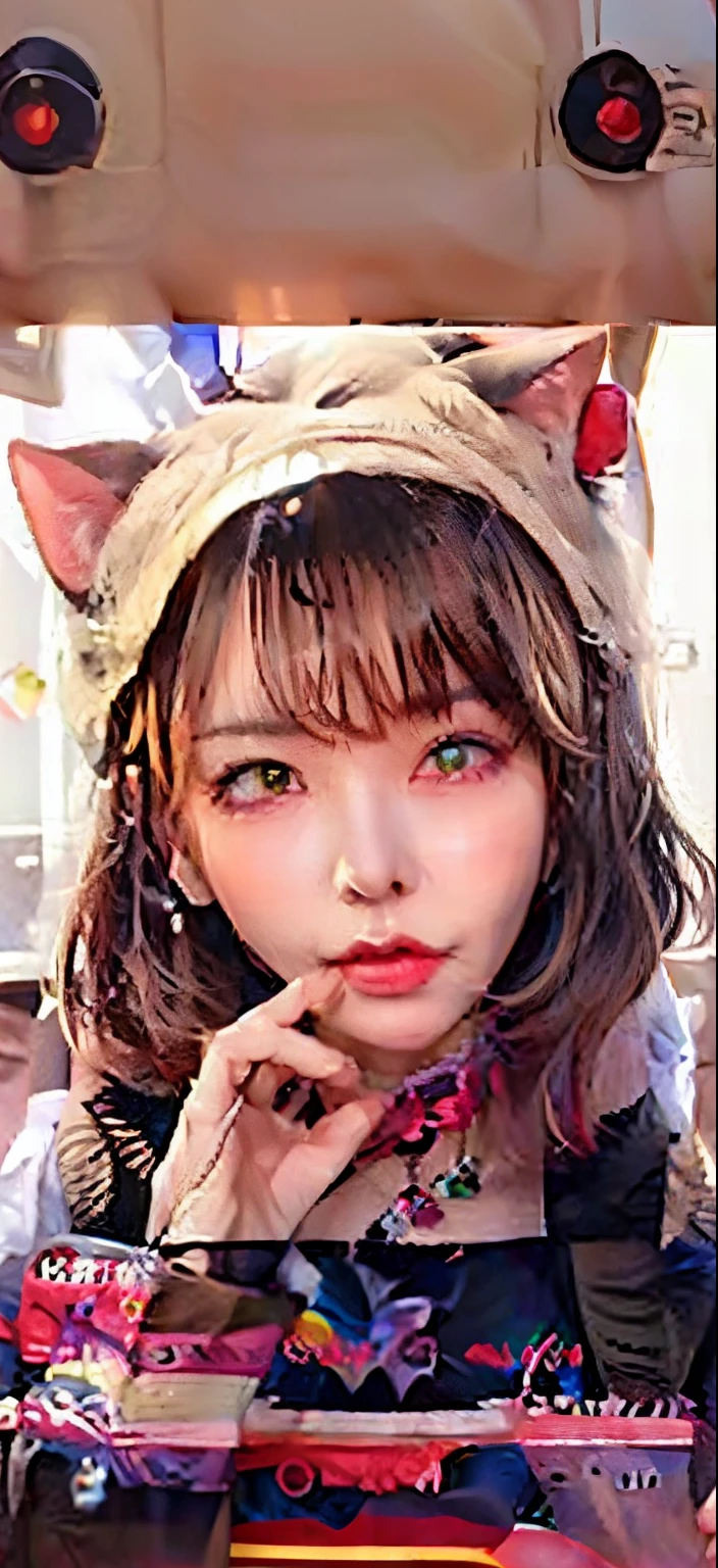 a close up of a person with a hat on and a cell phone, anime girl in real life, belle delphine, ulzzang, ruan cute vtuber, kawaii realistic portrait, japanese facial features, cute natural anime face, pretty anime face, with cute - fine - face, girl with cat ears, waifu