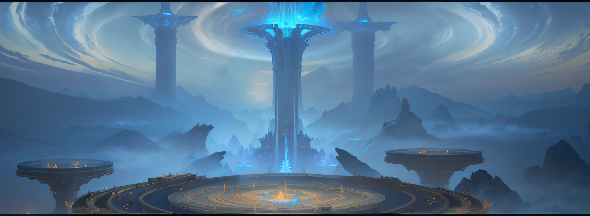There is a photo of a very tall tower，There is blue light on it, odin's stone arena background, mage tower in the distance, temple of the gods!!!, arena background, blizzard concept art, Blizzard game concept art, Stunning mysterious background, World of Warcraft art style, pillars of ice background, blizzard concept artists, world of warcraft concept art, entrance to ethereal realm