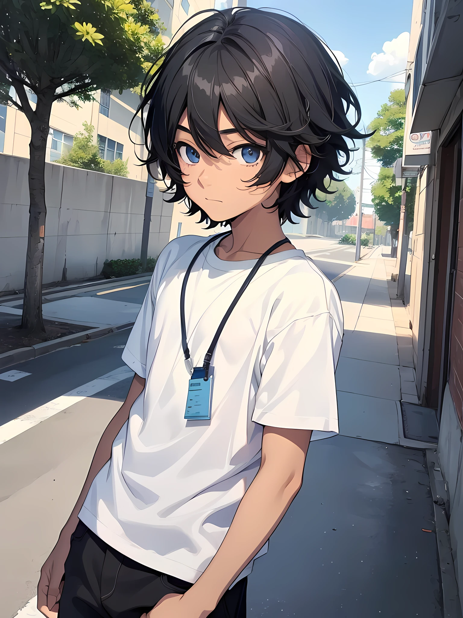 1boy, young male, age 12, black hair, happy, solo, detailed eyes, clear eyes, quality eyes, masterpiece, (UntuckedShirt:1.2), UntuckedShirt, student, White t-shirt, short sleeves, long black pants, wearing blue lanyard, standing, park, school, anime, line art anime