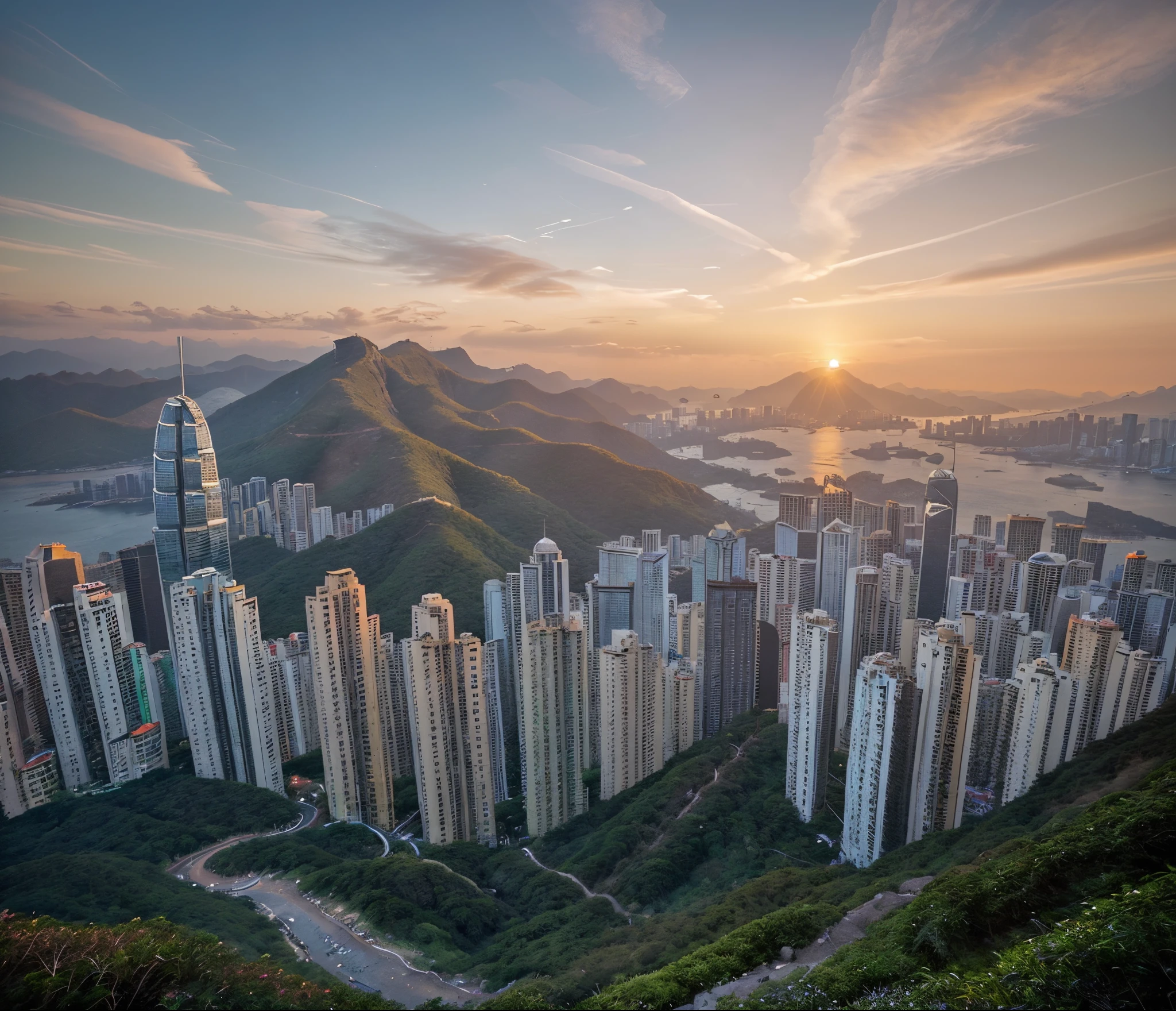 Victoria Peak towers majestically over the sprawling metropolis of Hong Kong, offering a breathtaking vantage point to behold the city's skyline, Victoria Harbour's glistening waters, and the lush hillsides that encircle it. This mesmerizing photograph captures the awe-inspiring grandeur of the peak, the sunset casting warm hues upon its rugged terrain. The image exudes a sense of serenity and tranquility, immersing viewers in the picturesque beauty of this iconic landmark. Impeccably composed and vividly detailed, this remarkable photograph flawlessly encapsulates the essence of Victoria Peak's allure.