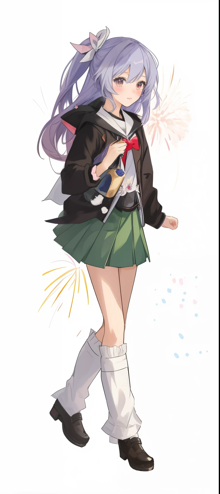 8K,high high quality!!Detail Enhancement!!Highest image quality!!Anime girl walking with fireworks, Wearing a white bow on the head, Zero art, Anime cute art style, Anime cute art style, genshin impact,, 2 d anime style, (Anime manga girl), Zero art, High quality anime art style, Cute Anime Girls。