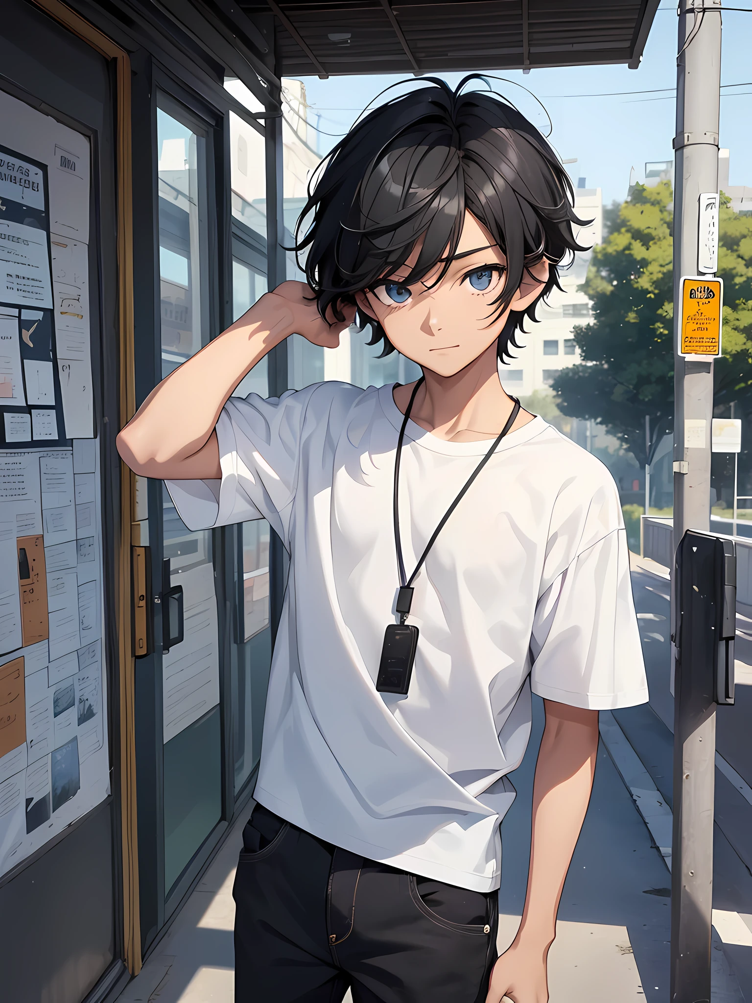 1boy, young male, , black hair, happy, solo, detailed eyes, clear eyes, quality eyes, masterpiece, (UntuckedShirt:1.2), UntuckedShirt, student, White t-shirt, short sleeves, long black pants, wearing blue lanyard, standing, park, school, anime, line art anime