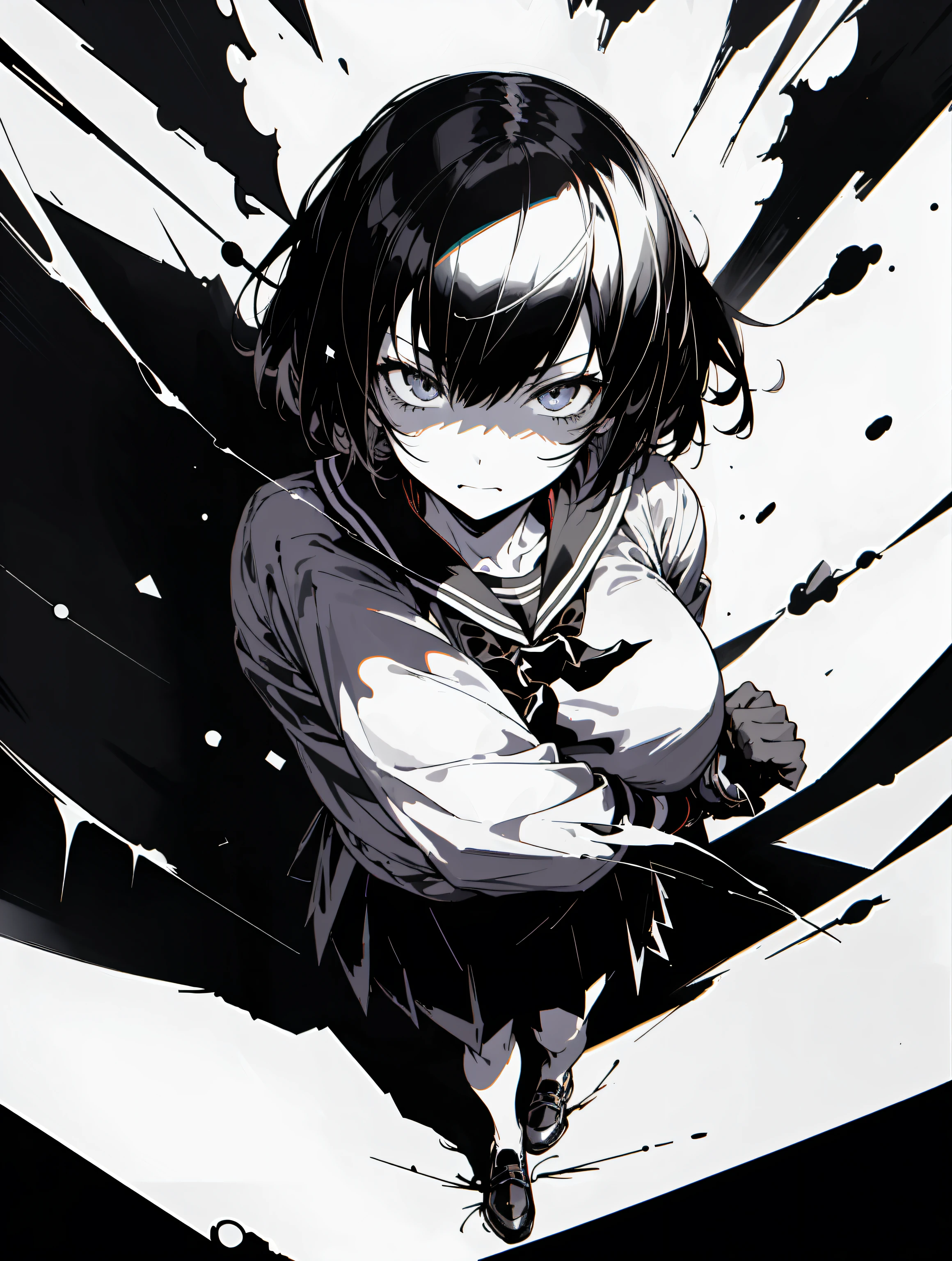 v5lcn style,ink art,(Best Quality,masutepiece:1.2),(black and white comic core:1.1),(extreme high contrast),Dark ink,1girl in,A dark-haired,Shadow on face、8K,resolution,High School Girl,Sailor school Uniform,