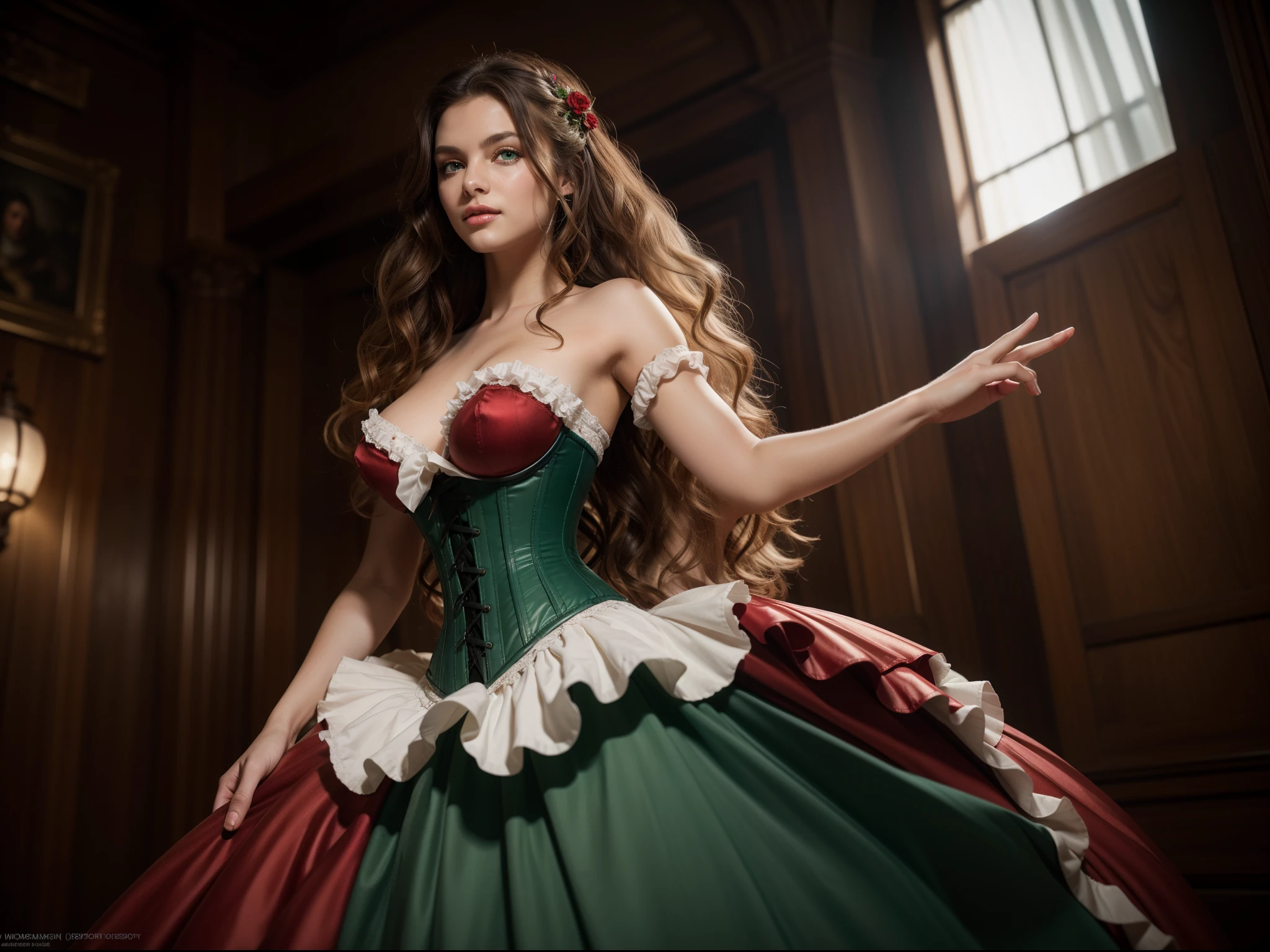 Masterpiece, best quality female, (French),(large breast), (very long curly red volumetric hair:1.33), (white crinoline inside with red corset outside:1.33), (long red skirt:1.33), flat headband, (detailed beautiful green eyes:1.33), detailed blush smiling face, slim body, perfect anatomy, very cute, dynamic pose, showing some leg, perfect shading, dramatic lighting, rendered in 8K resolution for high-quality detail, trending on art station, concept art, smooth, sharp focus, in a saloon, highly detailed, soft natural volumetric, cinematic perfect light, intricate details, (full body:1.5)