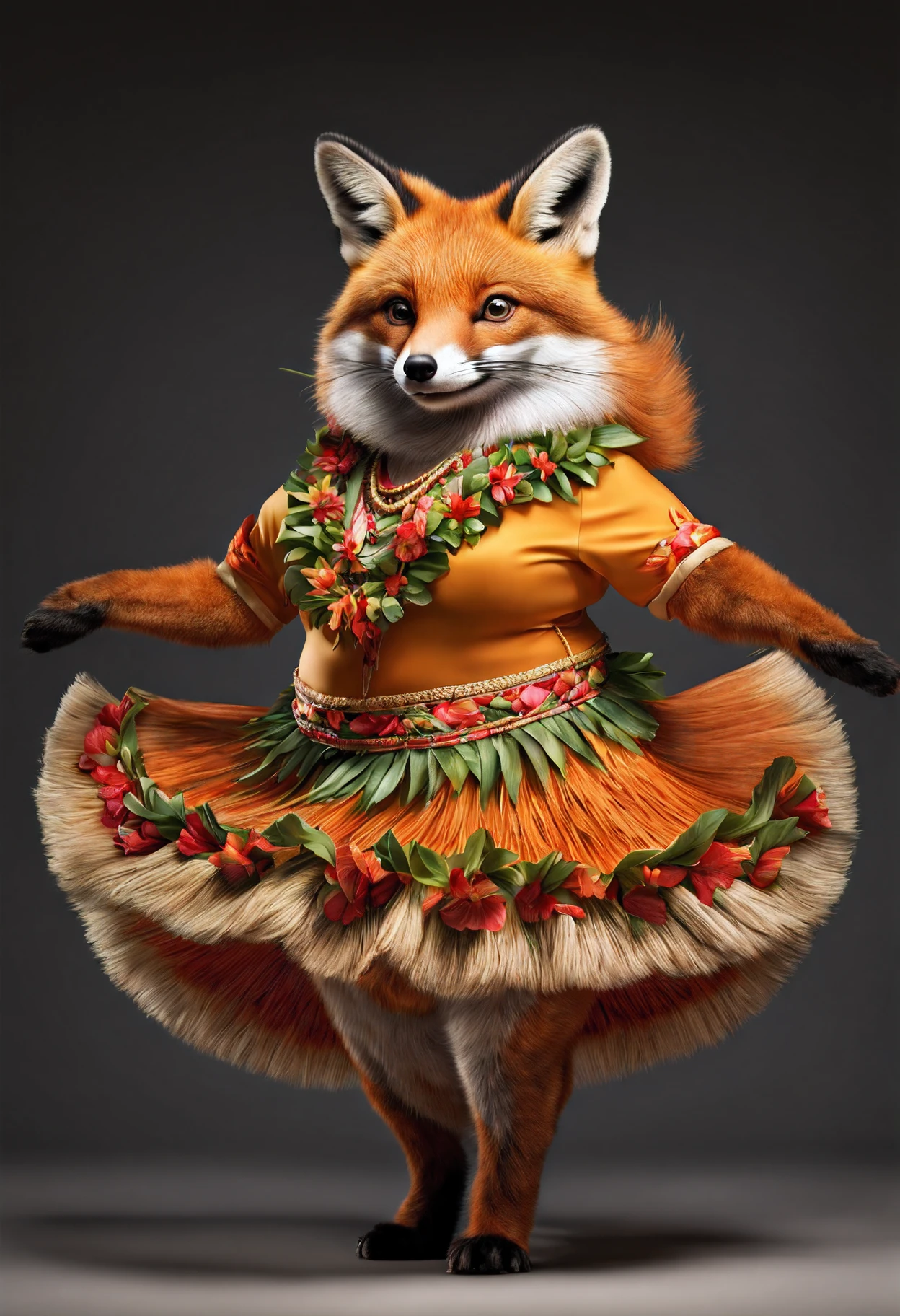 photorealistic portrait of Dressed animals - a fat red fox hula dancer,(dancing), high quality, intricate details highly detailed hula costume , studio lighting,(full body image:1.5)