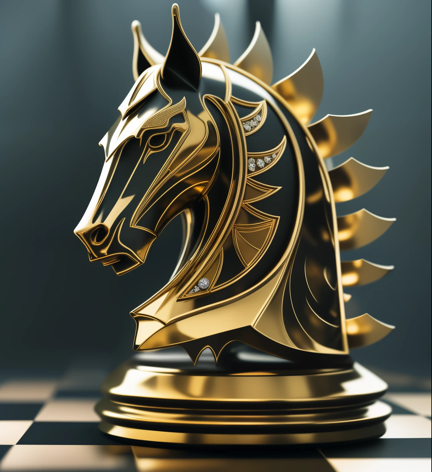 on the chessboard there is a golden horse&#39;s head interspersed with rubies, With brilliance, , on a dark background, chess knight, Knight Chess, 3D sculpture with 8K octane rating, depicted as a 3 d render, 3D sculpture with an octane rating of 8 K, rendered in keyshot, glowing chess knight, rendered in cinema 4 d, rendered in cinema4d, rendered in corona, Rendering mat