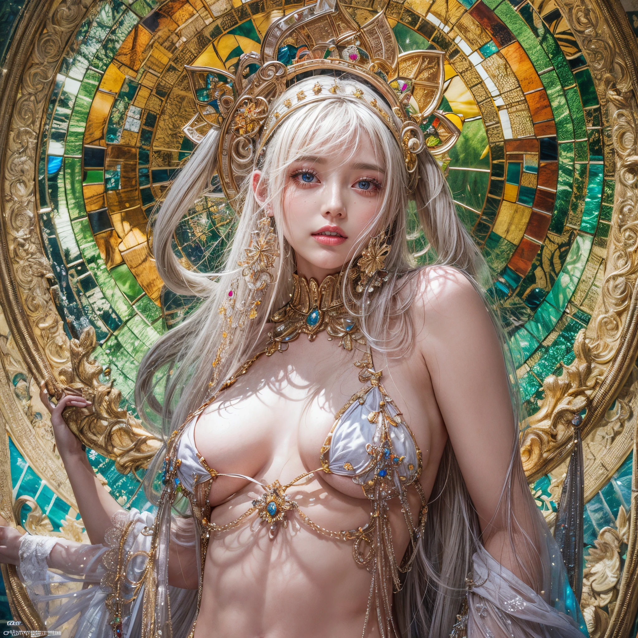 ( Masterpiece:1.25, exposed:1.2, White and vivid colors, navel), (sexy junior idol), ((face variations)), portrayed in the best quality and high resolution. The image should be ultra-detailed, realistic, and photorealistic with a touch of rawness. back lighting, colorful Light shines through delicate stained glass. The medium can be a combination of photography and concept art. The color tone should be vibrant and vivid, enhancing the overall visual impact. Whole Body proportions and all limbs are anatomically accurate, (nipple:-0.9) .