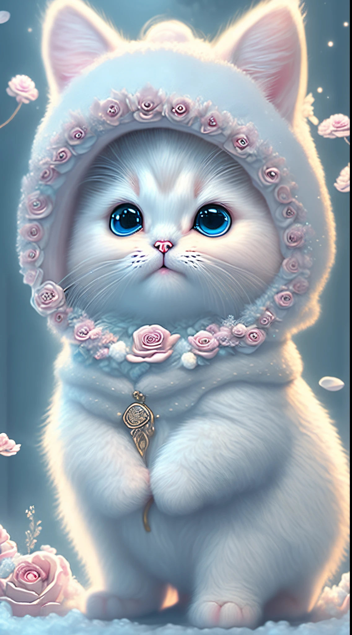 In this ultra-detailed CG art, cute kittens surrounded by ethereal roses, laughter, best quality, high resolution, intricate details, fantasy, cute animals, open mouths, laugh!!