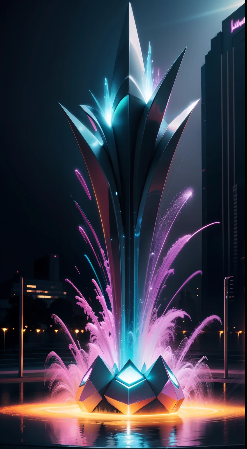 Colorful abstraction,bright,glowing light,A high resolution,sci-fi fountain,Metal statue,line art
