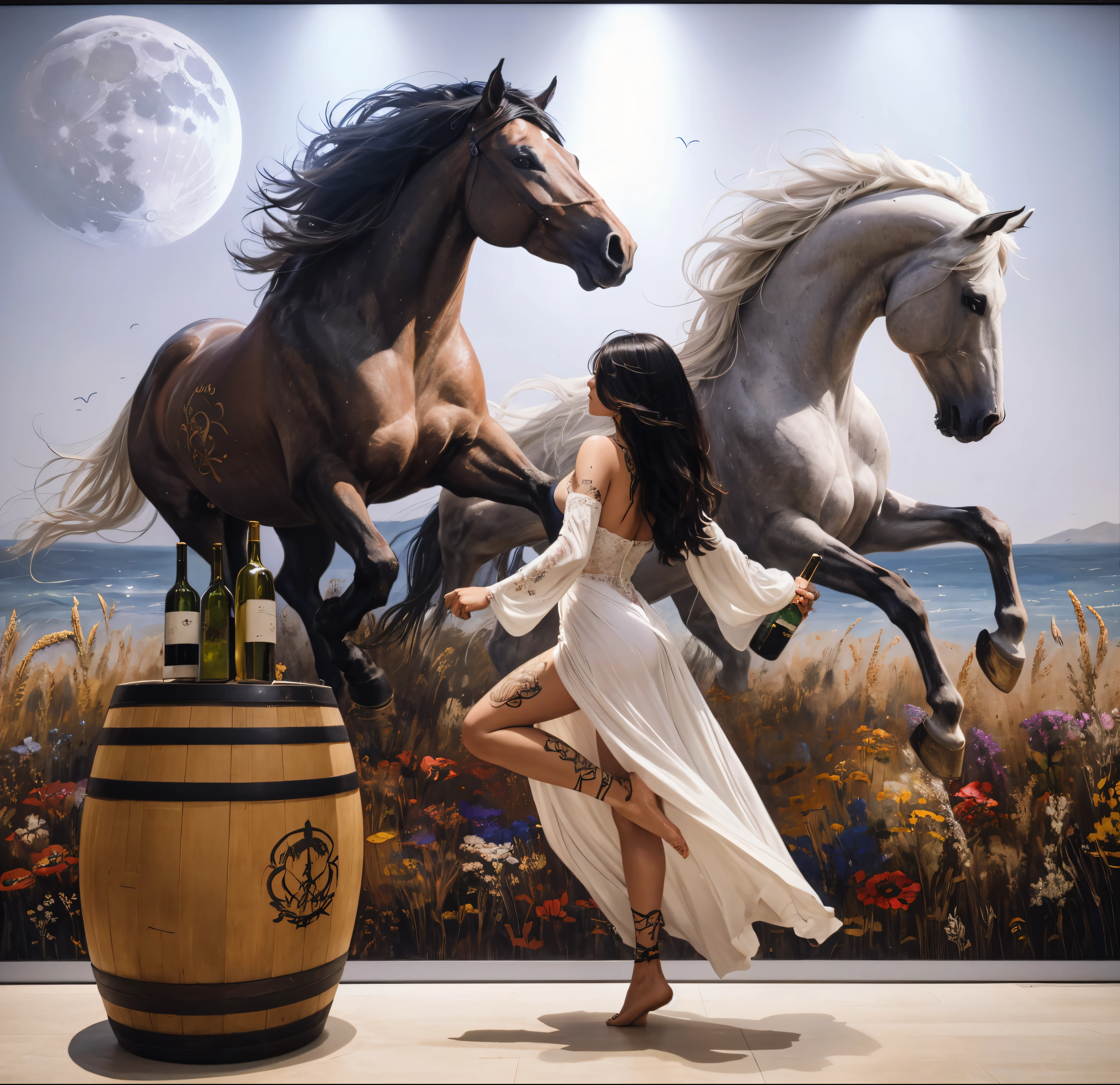 A sexy standing woman in front of an art painting, son dos est nu. Le tableau est grand, in which there is a wheat field horse with small flowers, La Lune et la Mer dans une exposition, and a white dress A woman stands in an exciting way in front of an art painting, son dos est presque nu. The painting contains a horse and a wheat field with small flowers, La Lune et la Mer Une femme sexy debout devant un tableau, le dos nu --auto