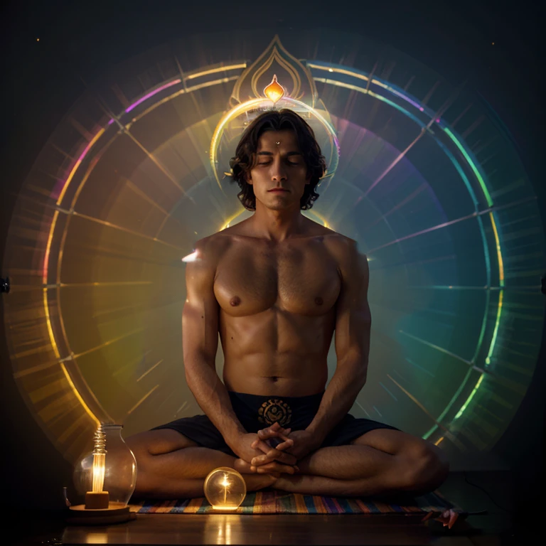 Me, Brett, light, liteslights, handsome man, Man, man’s body and men’s haircut, glowing light, lightbulb third eye, collared shirt made of waves of light and om symbol, masculine, seated in lotus posture, padmasana, meditating eyes open, lightbulbs eyes, Light, logo, lightbulb, carefree, regal, rainbow, Aum, Om, Yoga, light waves, halo, robed