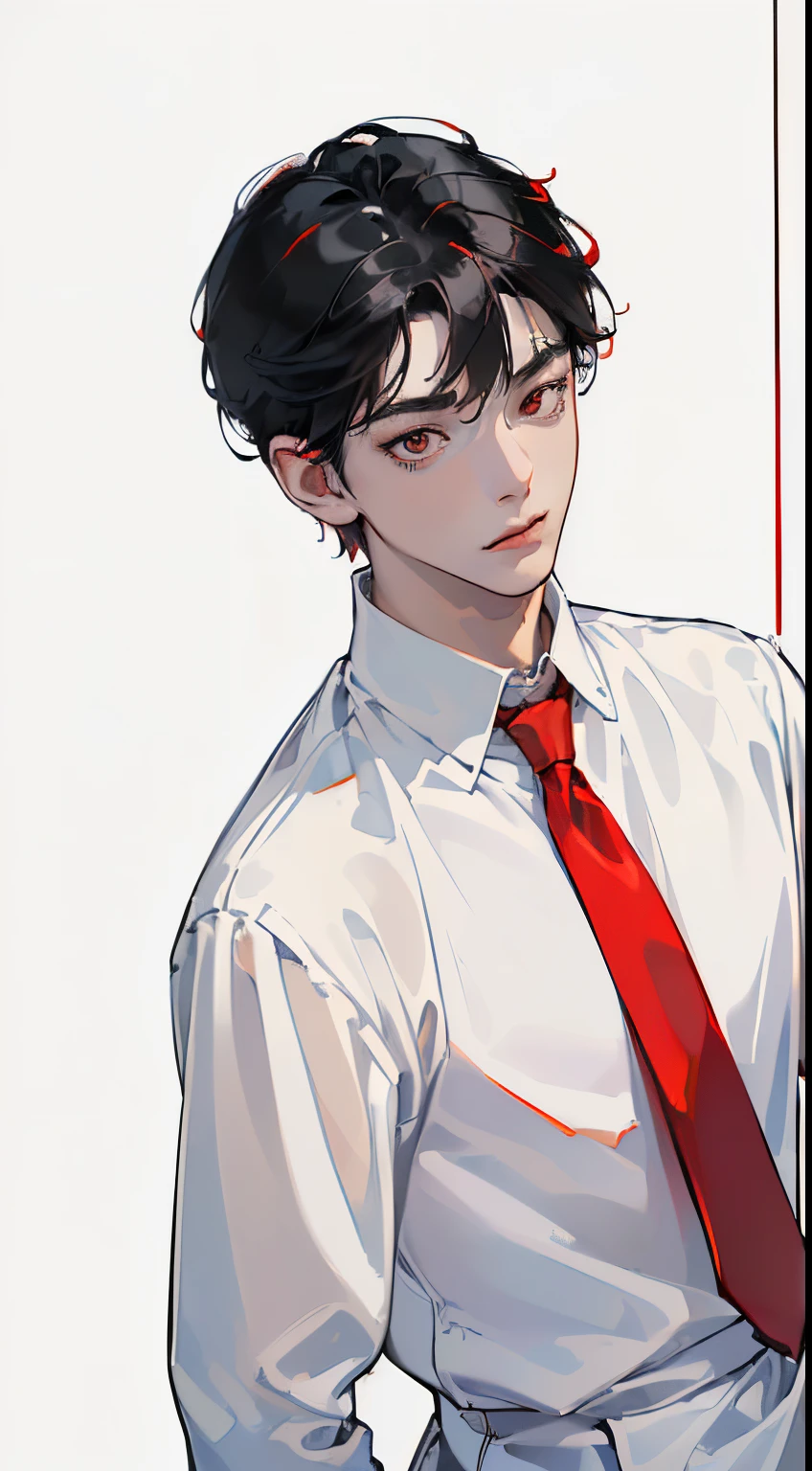 (((best quality, high quality))), ((Masterpiece)), ((((UHD, highres))), It's like a cartoon in Japan, (((1 boy))), Clear facial features, Simple line design, Transparent background, (masterpiece, top Quality, best quality, Clear facial features, beautiful eyes, (((simple detailed))) (((white background))), (((red eyescolor))), ((black hair color))), white shirt, red necktie, black pant,