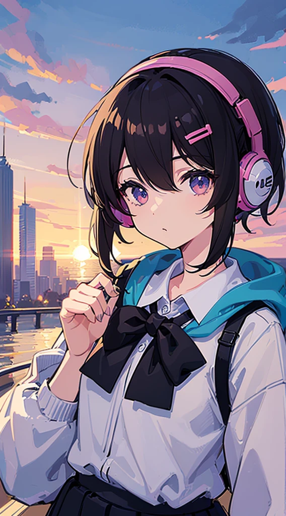 (Top quality illustrations:1.5)、(ultra-detailliert) 、(The background is the cityscape)、(Cute little girl s:1.0)、(女の子1人:1.0)、(Short black hair:1.0)、(School Uniforms:1.0)、(Waist to upper body:1.0)、17 age、Wearing headphones、D-cups、