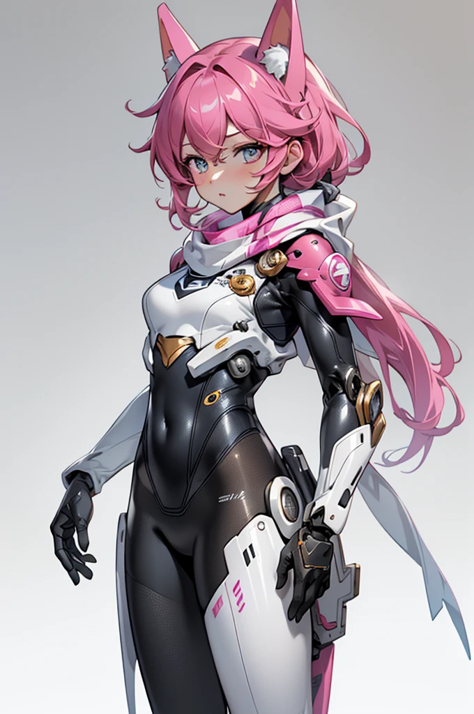 (​masterpiece、top-quality:1.5、a high chroma:1.5、ultra-detailliert、high-resolution illustrations:1.5、Ultra-high-definition CG、8k size wallpaper、offcial art)、(Metal Bodysuit, ),makina,Mechanical arm, Medium chest, Pink scarf,Cowboy Shot