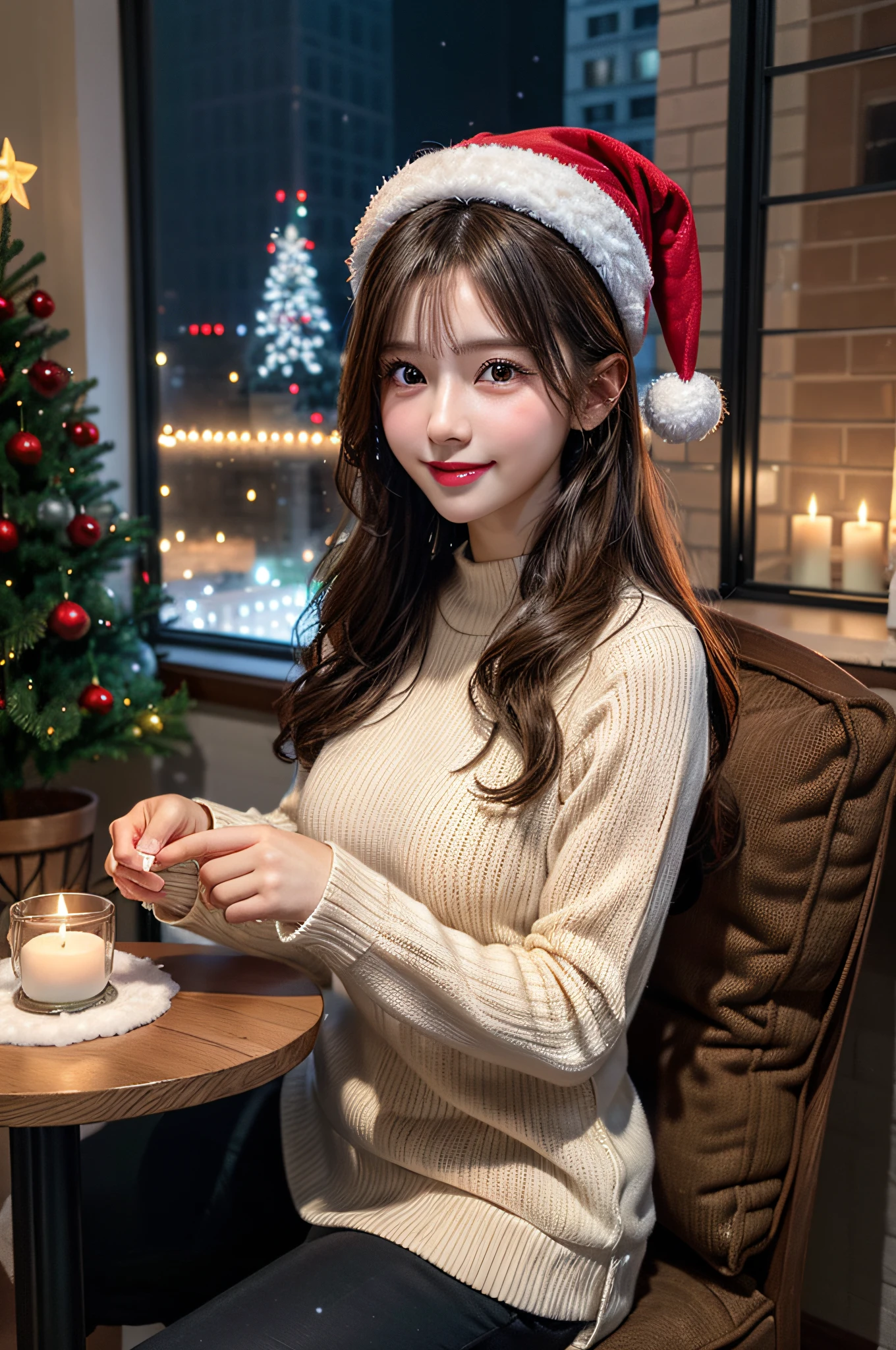 (1girl:1.3), (Extremely cute, Amazing face and eyes), happy smile, solo, realistic, santa hat, christmas, long hair, fire, long sleeves, red sweater, smile, christmas tree, scenery, fireplace, window, couch, table, indoors, cityscape, christmas lights, christmas ornaments, building, night, chair, city, carpet, lamp, rug, city lights, snowing, stuffed toy, curtains, candle, gift box, stuffed animal, snow, cup, pillow, instrument, skyscraper, sky, teddy bear, cushion, (Best Quality:1.4), photo realistic, raw photos, professional photograpy, focus on girls face,
