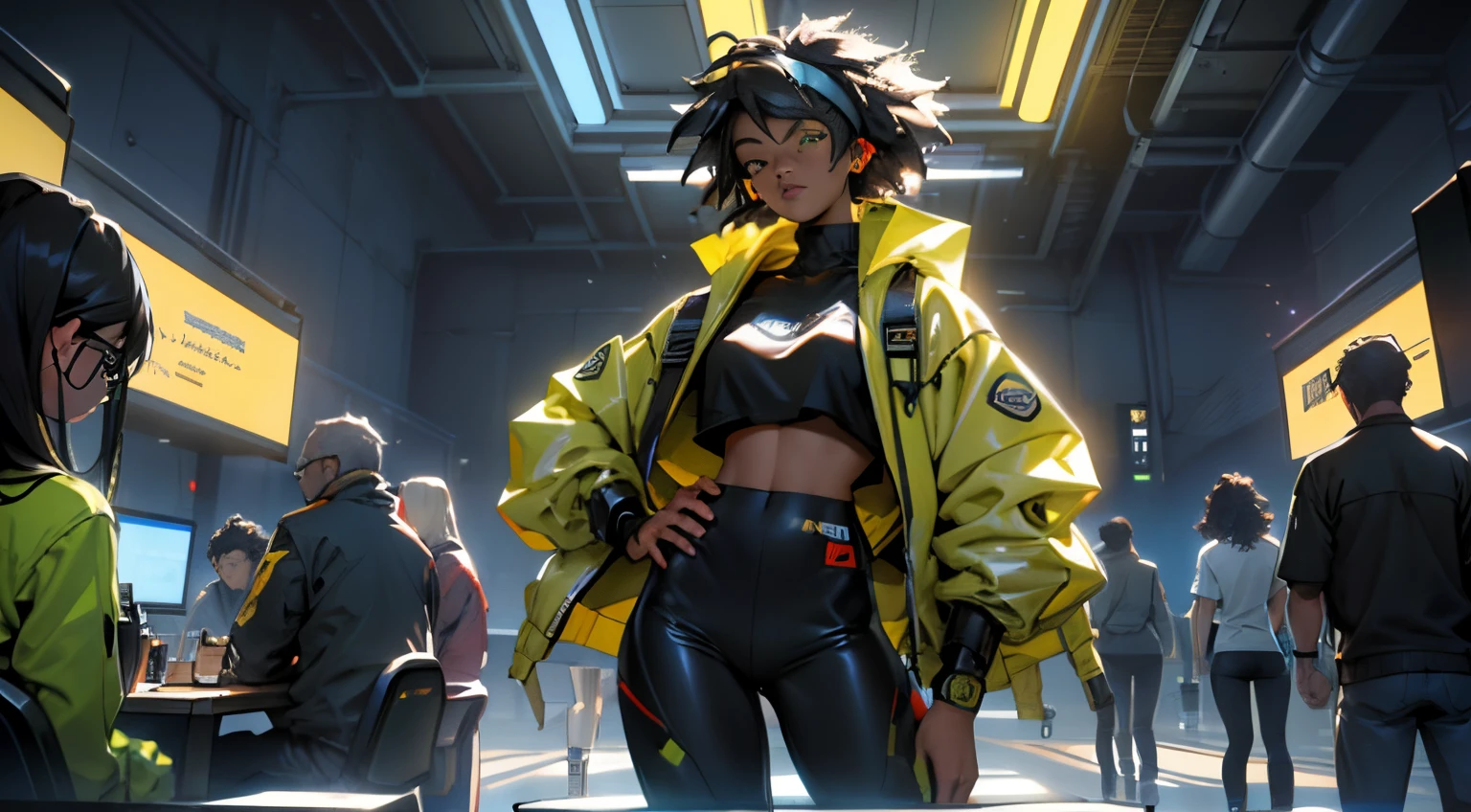 RAW, Masterpiece, Super Fine Photo, Ultra High Resolution, Photorealistic, Sunlight, Full Body Portrait, Stunningly Beautiful, Dynamic Poses, Delicate Face, Vibrant Eyes, solo, diverse group of friends, solo, deep ebony 1girl, black girl, beautiful face, curly afro hair, black lips, a female character is wearing a yellow and black colored top outfit with a backpack and a yellow hoodie jacket, black, yellow and white sports leisure, yellow futuristic smart goggles, clear lens, green eyes, leggings pants, long hair, diamond earrings, cybernetically enhanced, chatting and laughing in an office breakroom. The friends are gathered around a table or casually leaning against counters, engaged in lively conversation. Some are holding coffee cups or snacks, enjoying a break from work. The atmosphere is relaxed and friendly, with warm lighting enhancing the camaraderie. The breakroom is well-equipped with a coffee maker, microwave, and comfortable seating. Showcase diverse expressions and body language to illustrate the natural and comfortable interaction among the friends. Use vibrant colors and detailed features to bring life to the scene, conveying a sense of companionship and relaxation during this casual office moment., and a yellow hoodie jacket, black, yellow and white sports leisure, yellow futuristic smart goggles, clear lens, green eyes, leggings pants, long hair, diamond earrings, cybernetically enhanced, she is standing in front of spaceships and satellites, starry night sky, pigeoncore, neo-dadaist, Asuka Langley, neon genesis EVA suit, mechanized precision, space crew member, she holds an important position, in crowd spectator at a tech conference in the style of mecha sci-fi anime, 8k, best quality, highres, Unreal Engine:1.4,Ultra-realistic 64K CG, Photorealista:1.4, Skin Texture:1.4, Volumetric fog, 8k uhd, dslr, high quality, film grain, fair skin, photorealism, lomography, sprawling metropolis in a futuristic dystopia, translucent, safe for work