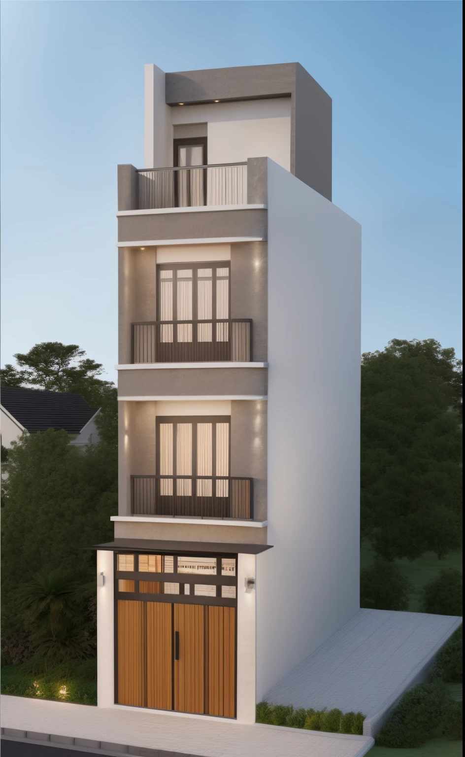 Realistic images, extremely detailed, a modern house,(((1 road in font of house))), large yard made by ceramic, (1 car), brick fence, lawn, a few small flowers, a road in front of the house, main materials of the house are white walls and red brick, Modern design, clear blue sky, sunrise light, light from inside, dynamic light,shimering light, cinematic light, romantic feeling, (((day light, warm light)))