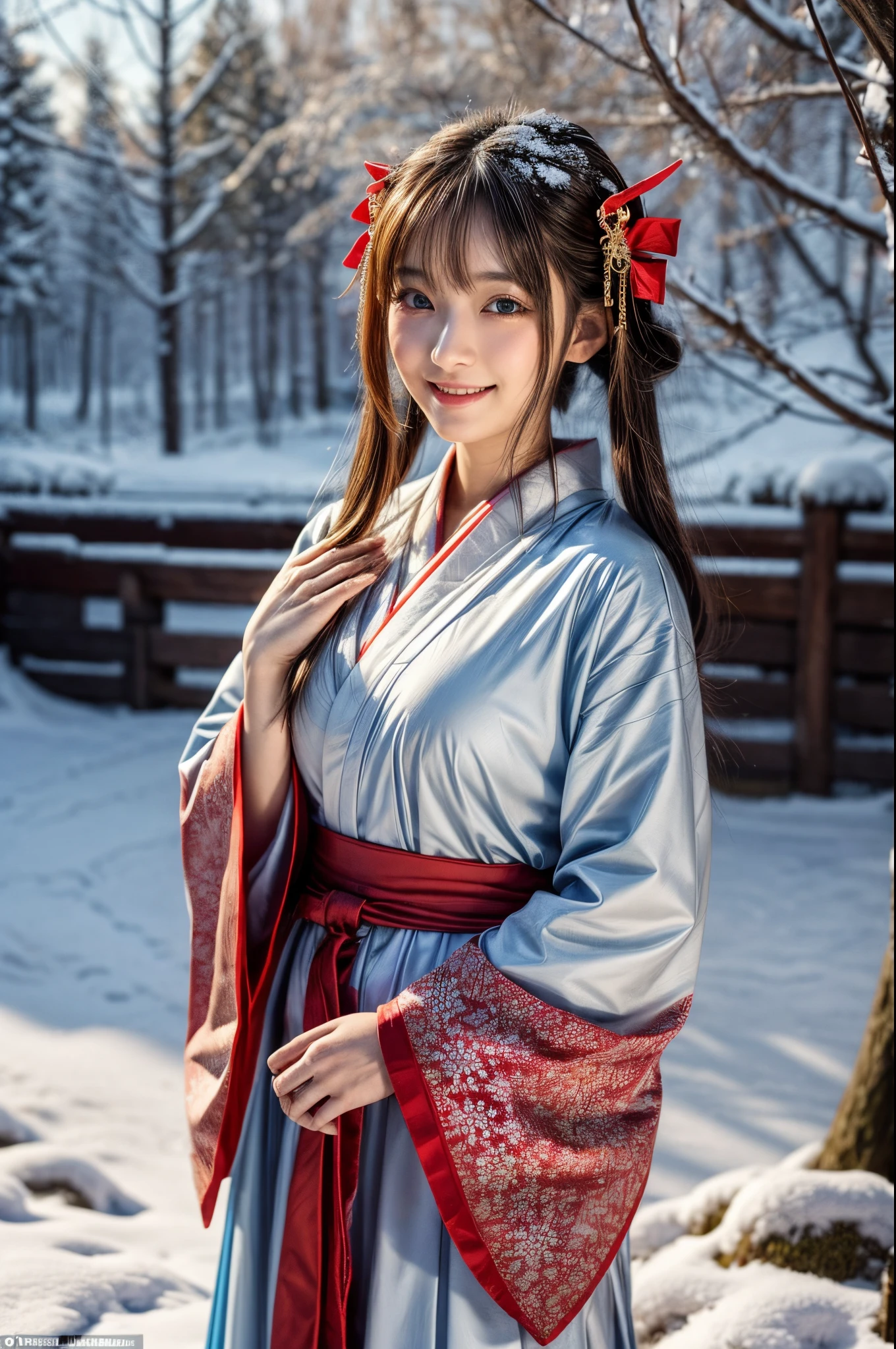 (masutepiece:1.3, Photorealsitic:1.4, 8K), top-quality, ​masterpiece, 超A high resolution, Perfect dynamic composition, Highly detailed skin and facial texture:1.3, A detailed eye, Detailed limbs, natta, New Year, snowflakes falling, Precincts of a shrine in snow country:1.2, 1girl in, Cute sexy 22 year old slim woman, Fair skin, ((Natural smile:0.9, Totally captivates you:1.0)), (accurate shrine maiden costume:1.2), ((voluptuous breasts:0.8)) (Facing the front, Praying), (Beautiful blue eyes, Eyes that feel beautiful eros:0.85), Sexy face:0.4, (A mouthfeel that feels beautiful eros:0.85), ((Too cute beauty:0.9))