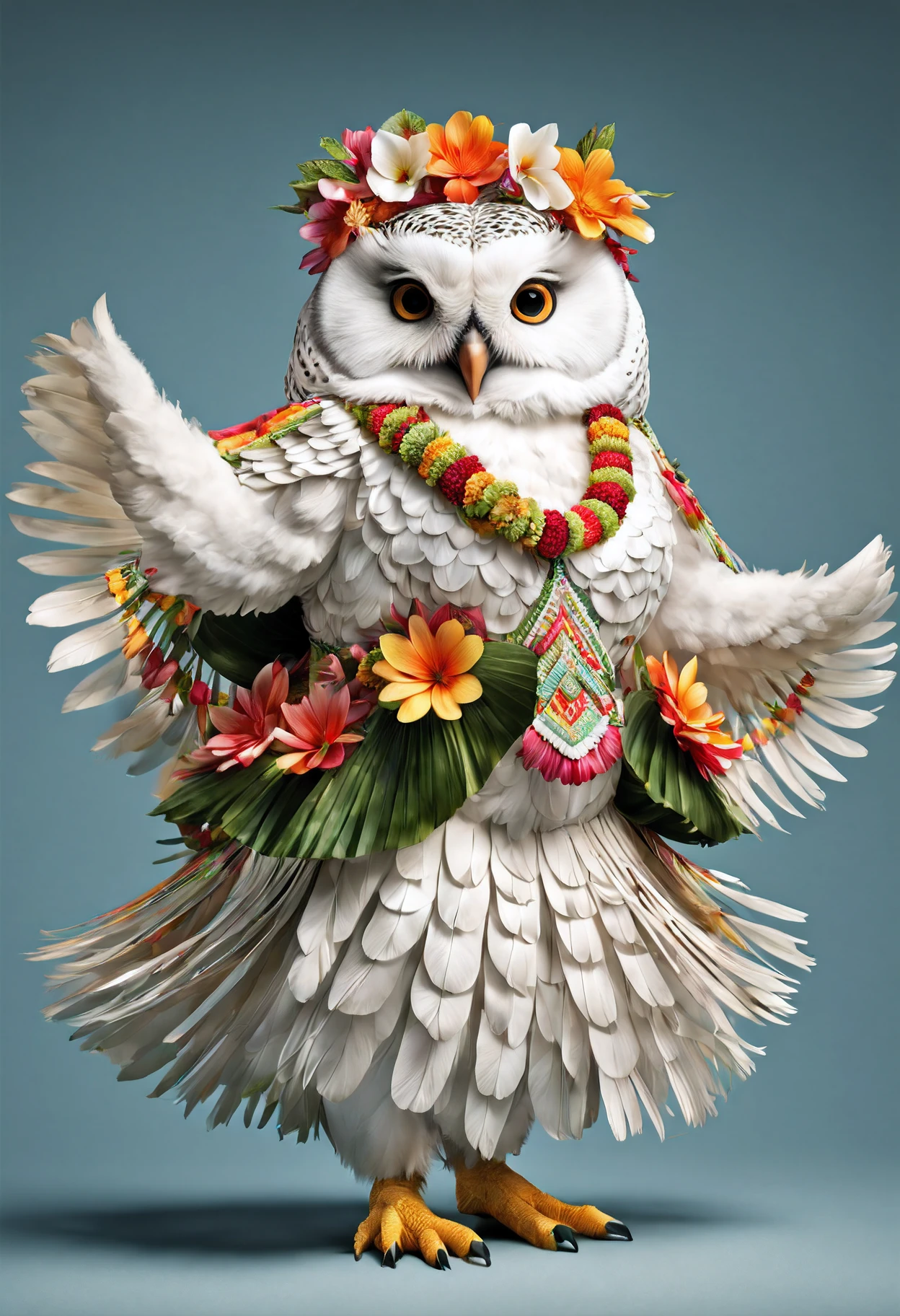 photorealistic portrait of Dressed animals - a fat white owl hula dancer,(dancing), high quality, intricate details highly detailed hula costume ,flower lay, studio lighting,(full body image:1.5)