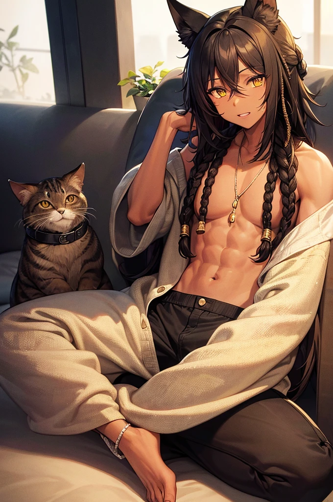 25 years old man, black skin, dreadlocks, brown hair, yellow eyes, tall, with a cat