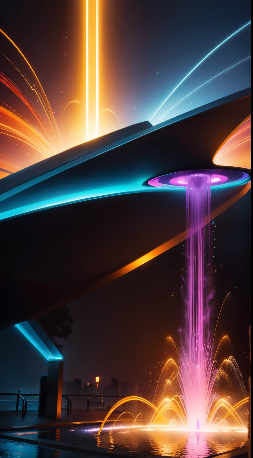 Colorful abstraction，bright，glowing light，A high resolution，sci-fi fountain，Metal statue，line art