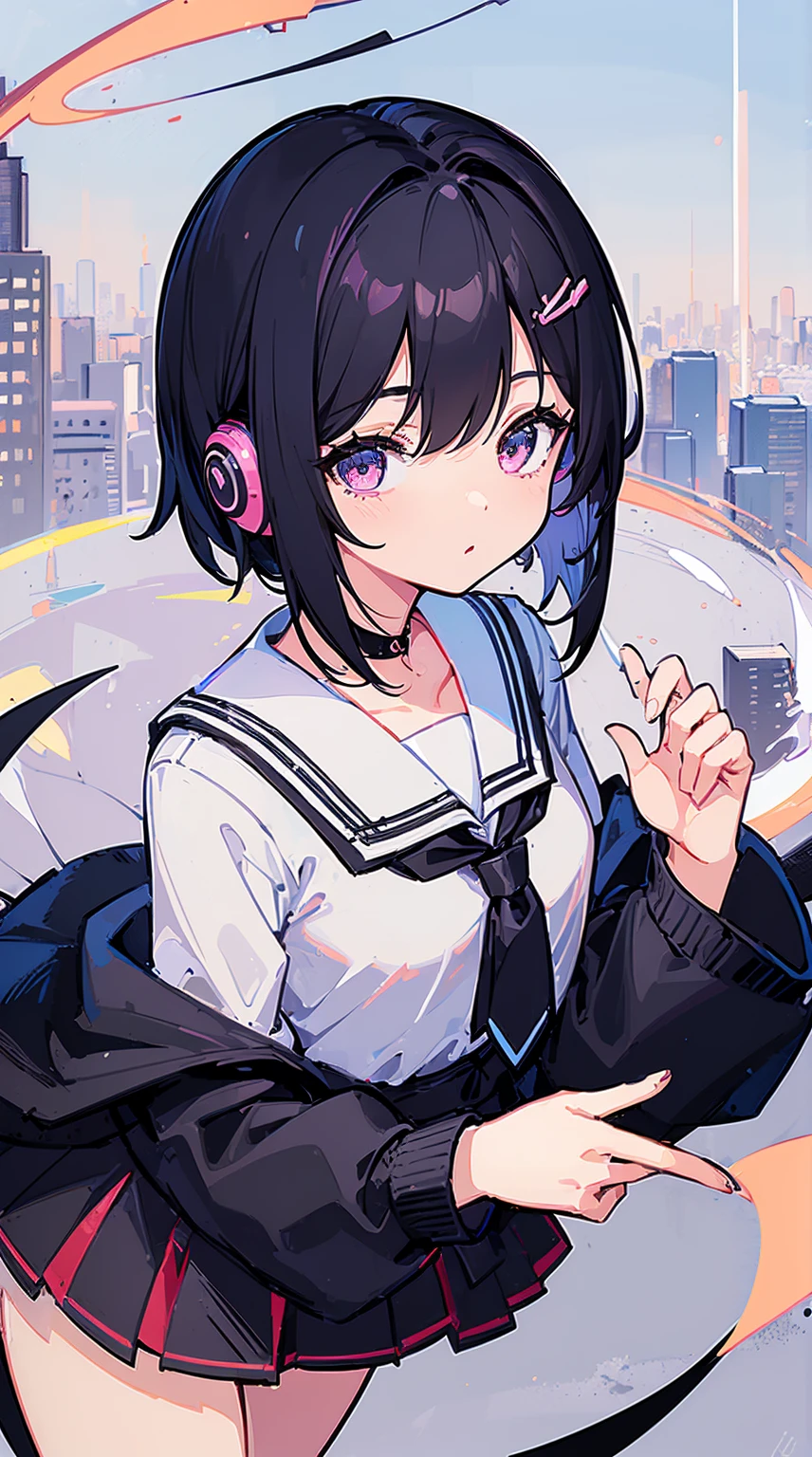 (Top quality illustrations:1.5)、(ultra-detailliert) 、(The background is the cityscape)、(e litrl s:1.0)、(女の子1人:1.0)、(Short black hair:1.0)、(School Uniforms:1.0)、(Waist to upper body:1.0)、17 age、Weheadphones、D-cups、