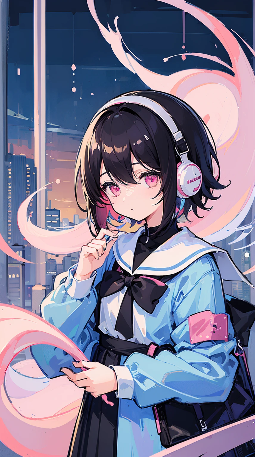 (Top quality illustrations:1.5)、(ultra-detailliert) 、(The background is the cityscape)、(Cute little girl s:1.0)、(女の子1人:1.0)、(Short black hair:1.0)、(School Uniforms:1.0)、(Waist to upper body:1.0)、17 age、Wearing headphones、D-cups、