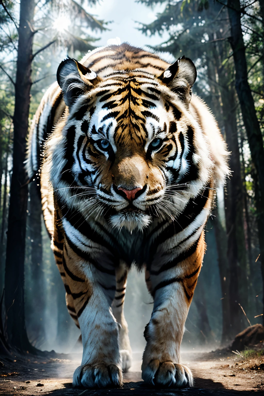 (best quality,4k,8k,highres,masterpiece:1.2),ultra-detailed,(realistic,photorealistic,photo-realistic:1.37),White Tiger roaring,ferocious gaze,sharp fangs,striking eyes,powerful muscles,aggressive posture,dominant presence,beautiful detailed fur,intense expression,majestic presence,mesmerizing eyes,ferocious growl,proud and confident stance,exquisite detailing on fur,imposing figure,perfectly captured essence of strength and beauty,dynamic body movement,graceful and powerful,attention-grabbing subject,imposing roar,fierce expression,strong and commanding presence,vivid colors and textures,high contrast lighting,dramatic shadows,impressive physical form,breathtaking artwork,attention to detail,expertly crafted,awe-inspiring sight,awe-inducing masterpiece,captivating artwork,immersive art experience,realistic depiction of a White Tiger,attention to every fine detail,radiant white fur and vibrant blue eyes,eyes full of determination and strength,striking contrast against the dark forest background,eye-catching and captivating.