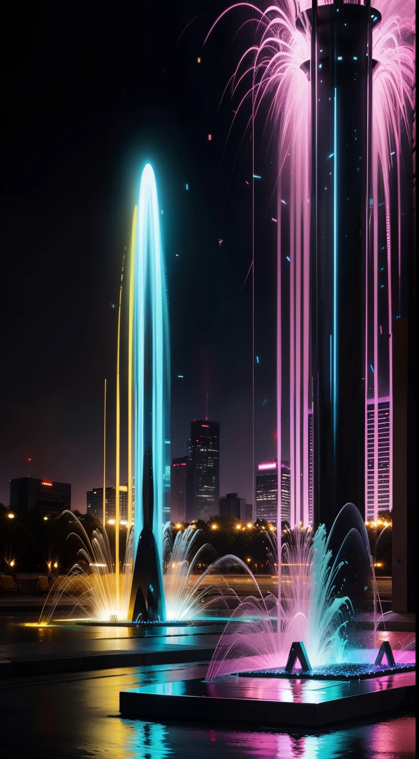 Colorful abstraction，bright，glowing light，A high resolution，sci-fi fountain，Metal statue，line art