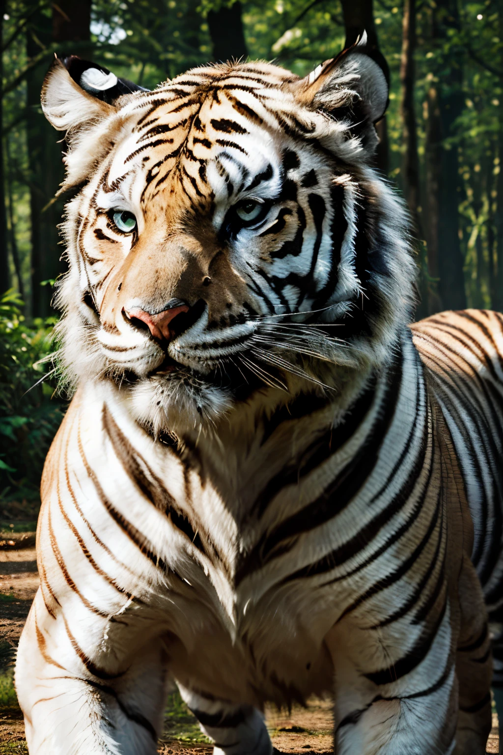 (best quality,4k,8k,highres,masterpiece:1.2),ultra-detailed,(realistic,photorealistic,photo-realistic:1.37),White Tiger roaring,ferocious gaze,sharp fangs,striking eyes,powerful muscles,aggressive posture,dominant presence,beautiful detailed fur,intense expression,majestic presence,mesmerizing eyes,ferocious growl,proud and confident stance,exquisite detailing on fur,imposing figure,perfectly captured essence of strength and beauty,dynamic body movement,graceful and powerful,attention-grabbing subject,imposing roar,fierce expression,strong and commanding presence,vivid colors and textures,high contrast lighting,dramatic shadows,impressive physical form,breathtaking artwork,attention to detail,expertly crafted,awe-inspiring sight,awe-inducing masterpiece,captivating artwork,immersive art experience,realistic depiction of a White Tiger,attention to every fine detail,radiant white fur and vibrant blue eyes,eyes full of determination and strength,striking contrast against the dark forest background,eye-catching and captivating.